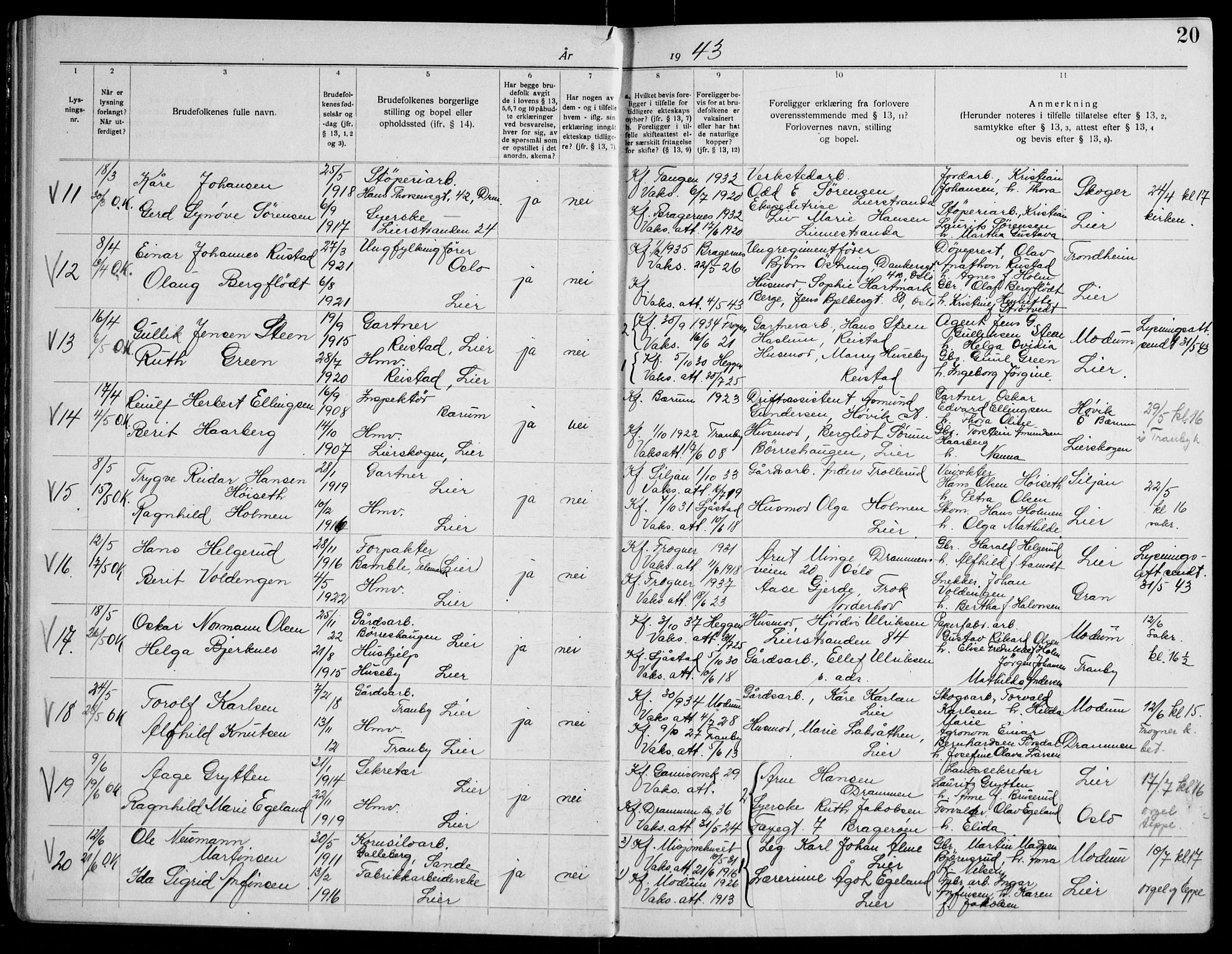Lier kirkebøker, AV/SAKO-A-230/H/Ha/L0003: Banns register no. 3, 1940-1955, p. 20