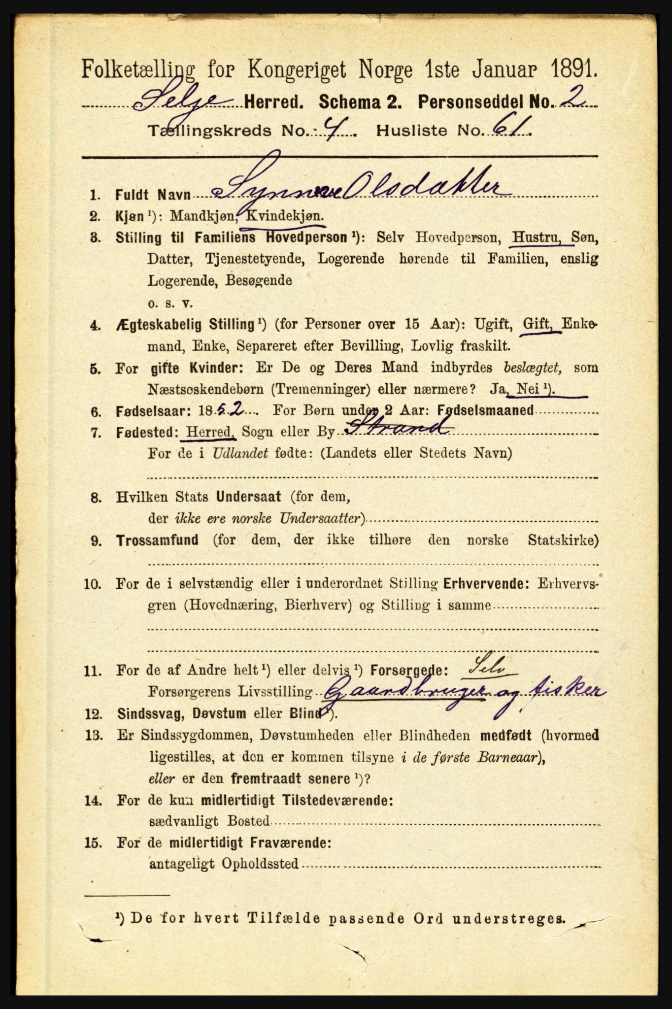 RA, 1891 census for 1441 Selje, 1891, p. 1345