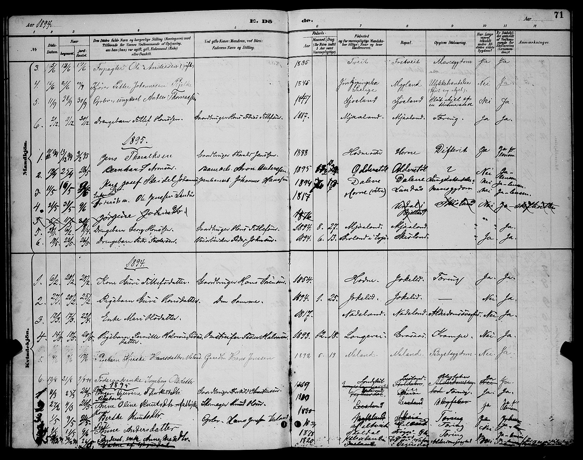 Evje sokneprestkontor, AV/SAK-1111-0008/F/Fb/Fbc/L0004: Parish register (copy) no. B 4, 1890-1900, p. 71