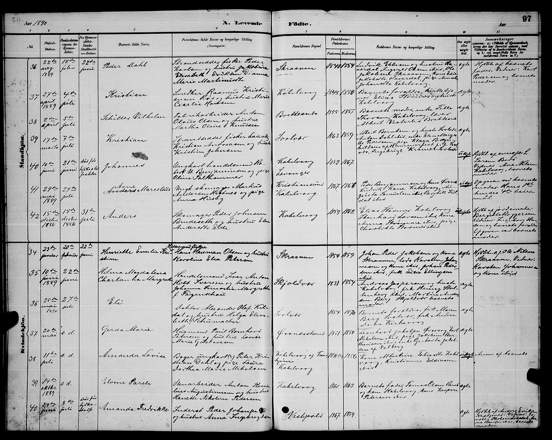 Ministerialprotokoller, klokkerbøker og fødselsregistre - Nordland, AV/SAT-A-1459/874/L1076: Parish register (copy) no. 874C05, 1884-1890, p. 97