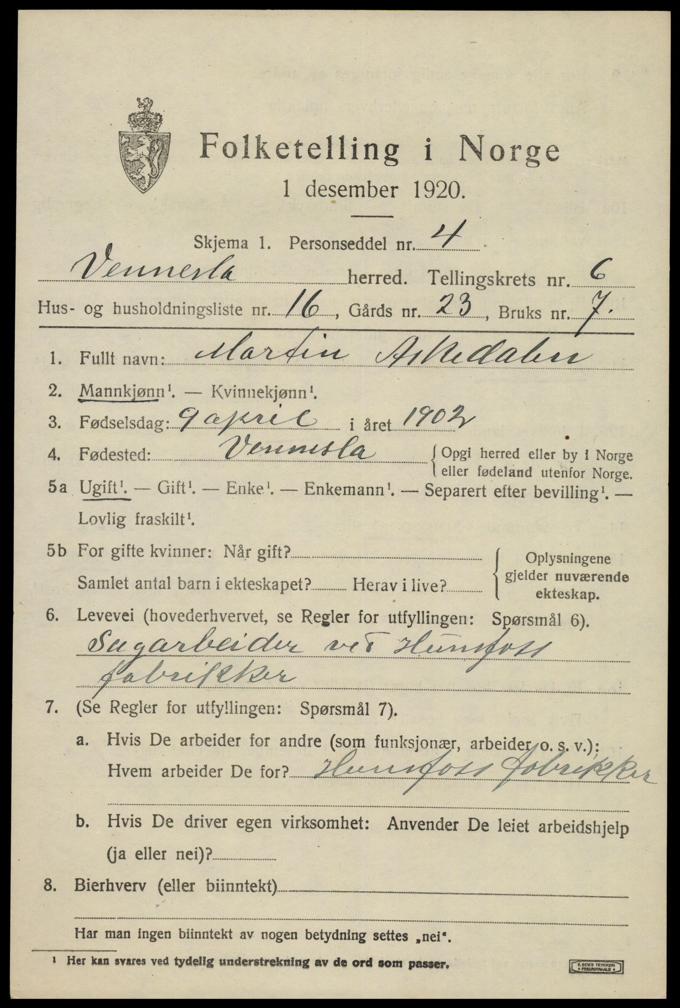 SAK, 1920 census for Vennesla, 1920, p. 4500