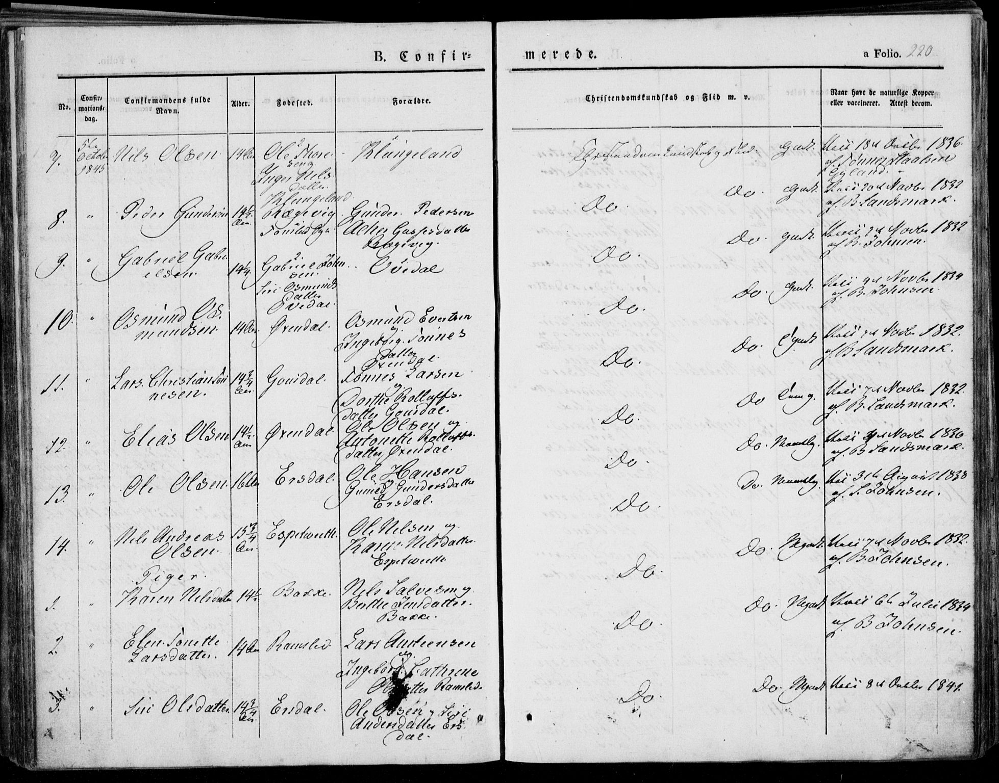 Bakke sokneprestkontor, SAK/1111-0002/F/Fa/Faa/L0004: Parish register (official) no. A 4, 1834-1846, p. 220