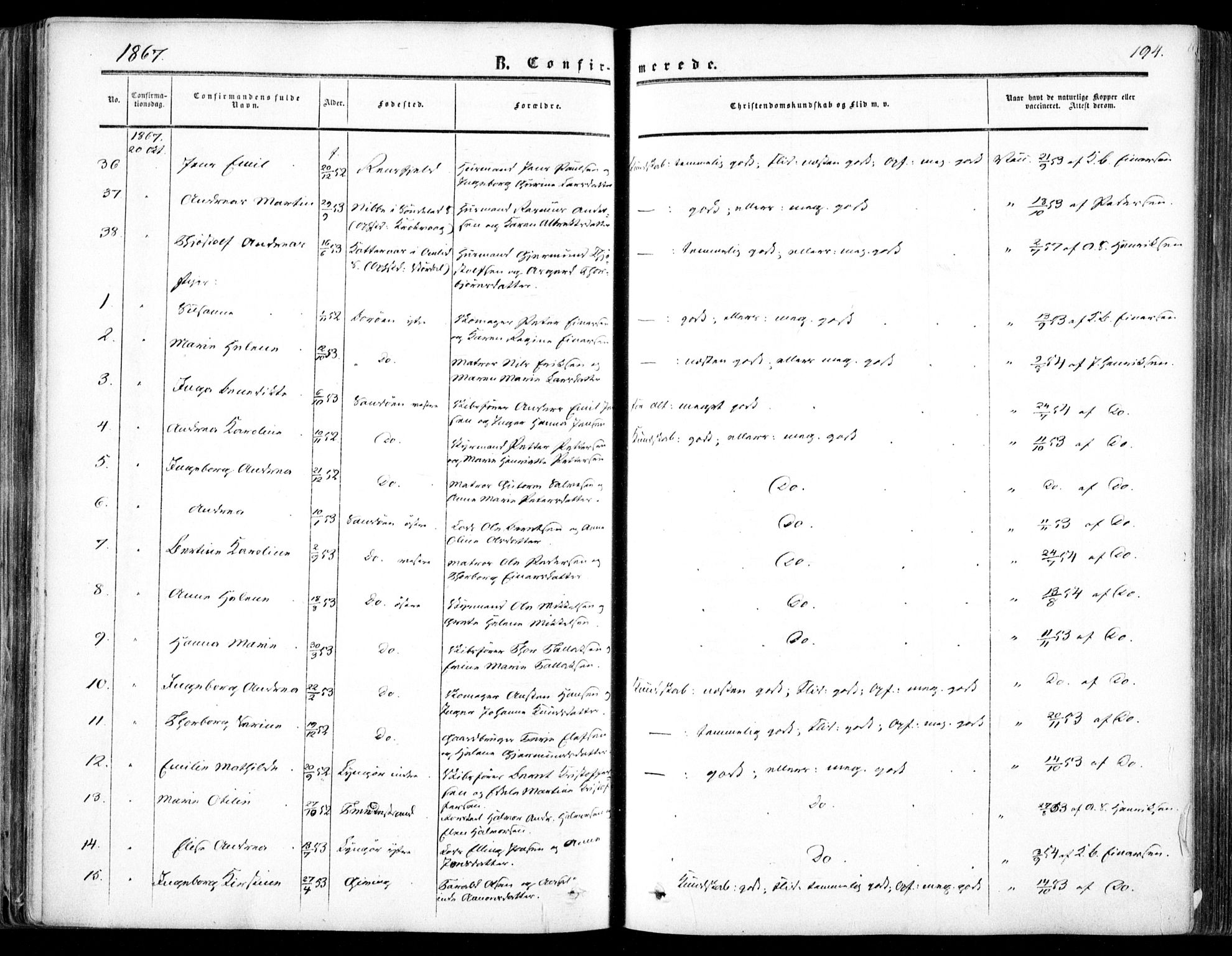 Dypvåg sokneprestkontor, AV/SAK-1111-0007/F/Fa/Faa/L0006: Parish register (official) no. A 6, 1855-1872, p. 194