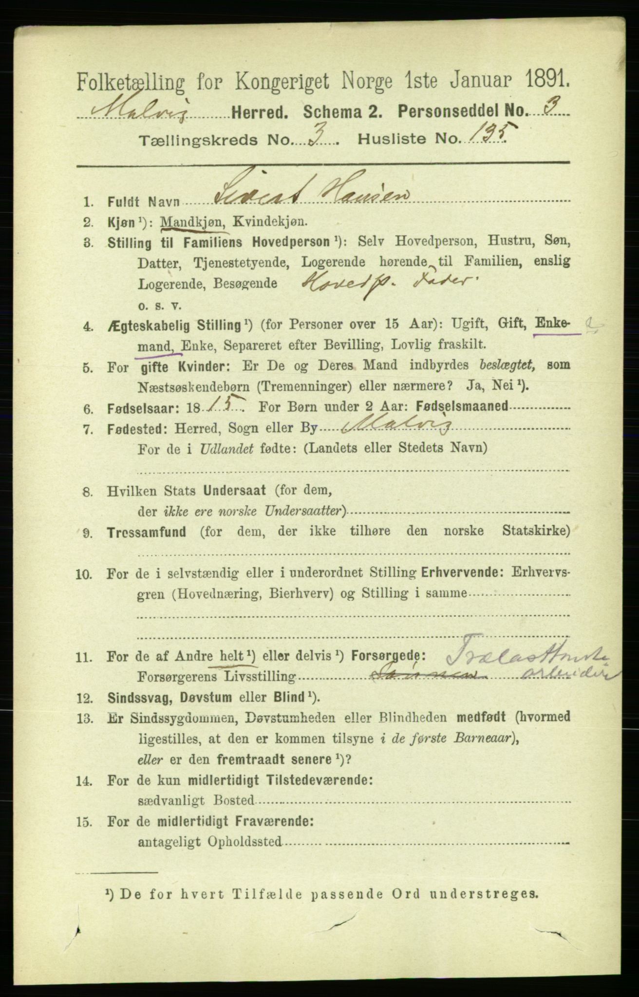 RA, 1891 census for 1663 Malvik, 1891, p. 2639