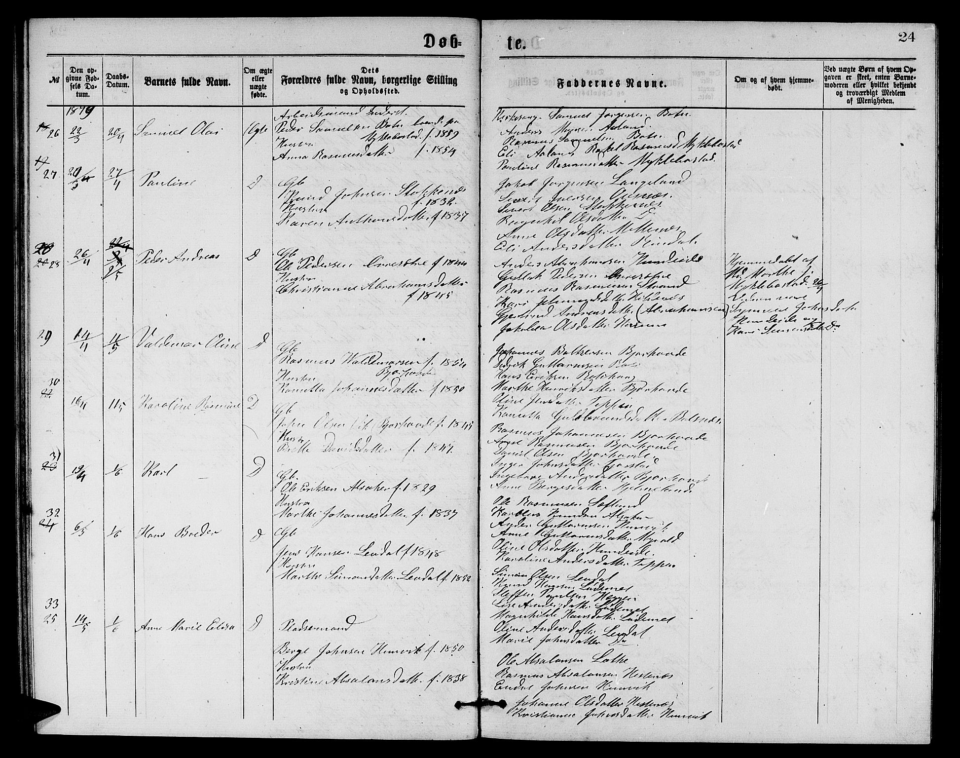 Eid sokneprestembete, AV/SAB-A-82301/H/Hab/Habb/L0001: Parish register (copy) no. B 1, 1877-1882, p. 24