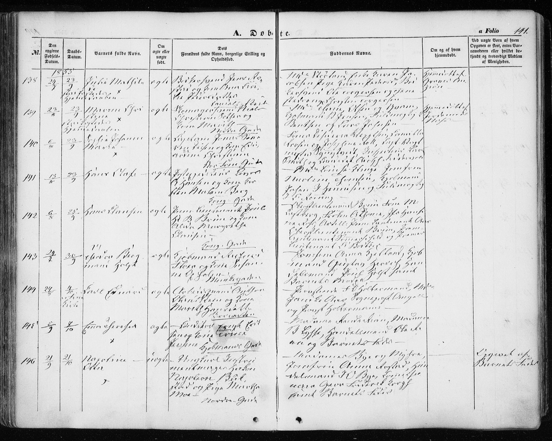 Ministerialprotokoller, klokkerbøker og fødselsregistre - Sør-Trøndelag, SAT/A-1456/601/L0051: Parish register (official) no. 601A19, 1848-1857, p. 141