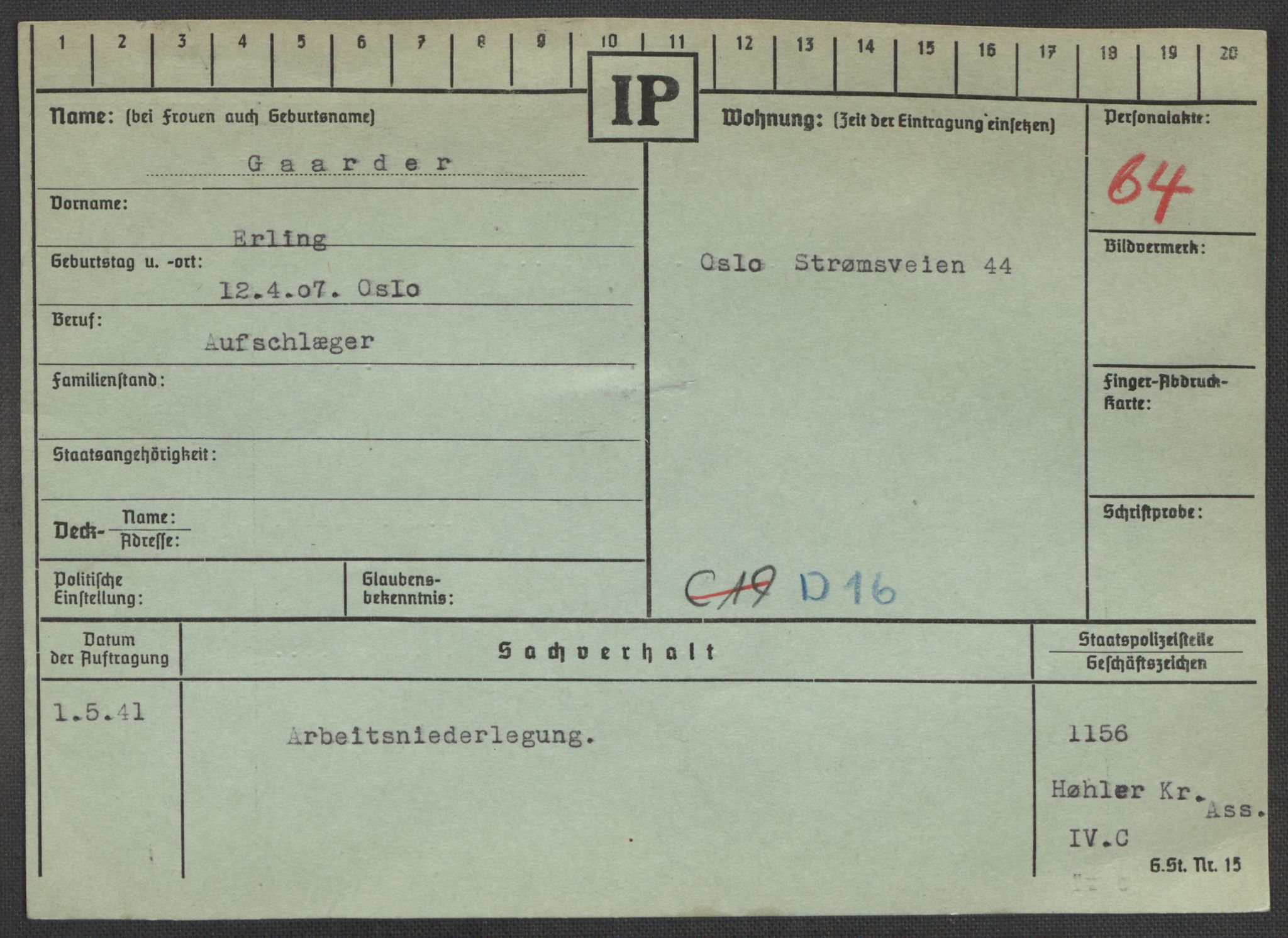 Befehlshaber der Sicherheitspolizei und des SD, RA/RAFA-5969/E/Ea/Eaa/L0003: Register over norske fanger i Møllergata 19: Eng-Hag, 1940-1945, p. 1356