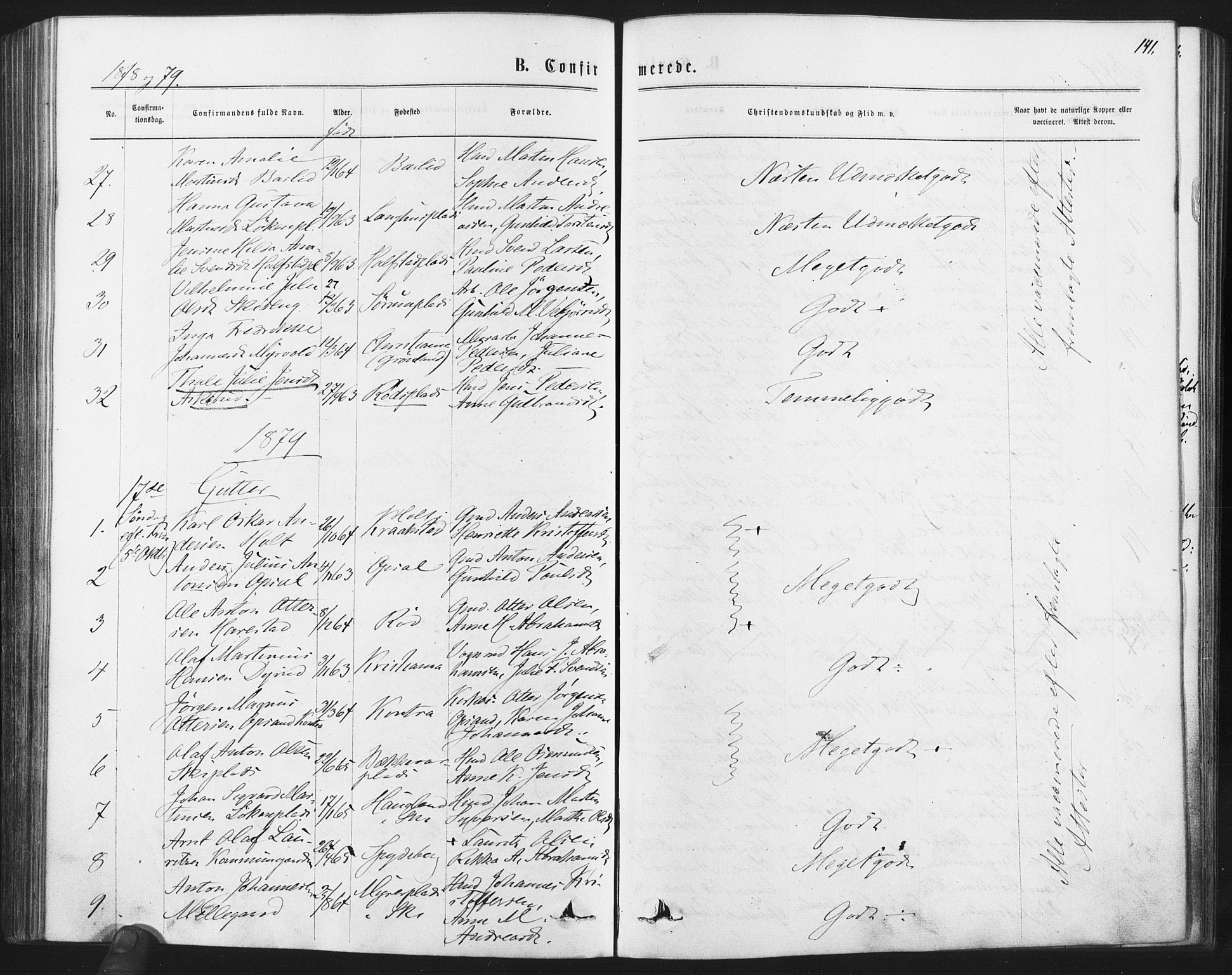 Kråkstad prestekontor Kirkebøker, AV/SAO-A-10125a/F/Fa/L0008: Parish register (official) no. I 8, 1870-1879, p. 141
