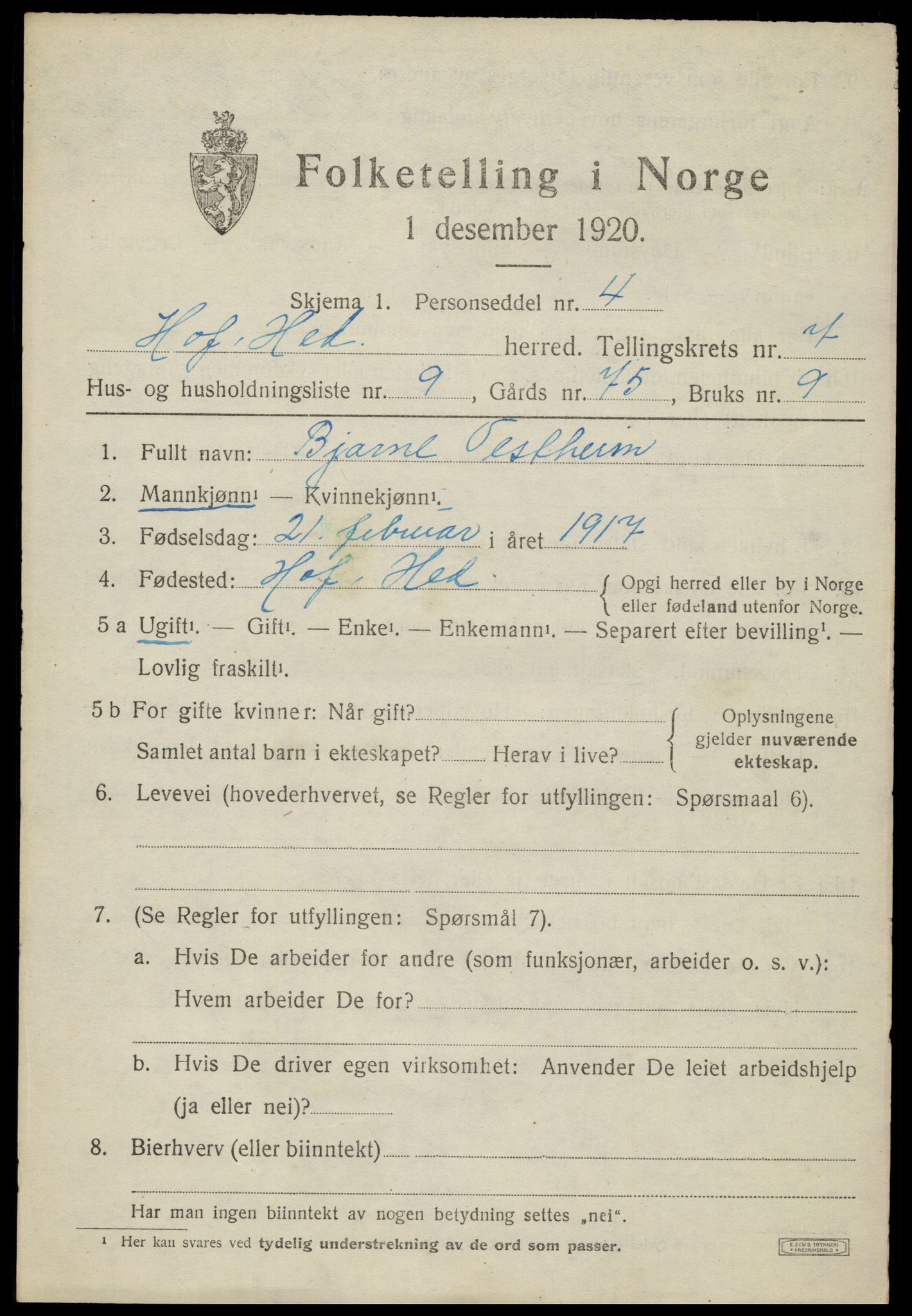 SAH, 1920 census for Hof, 1920, p. 8011