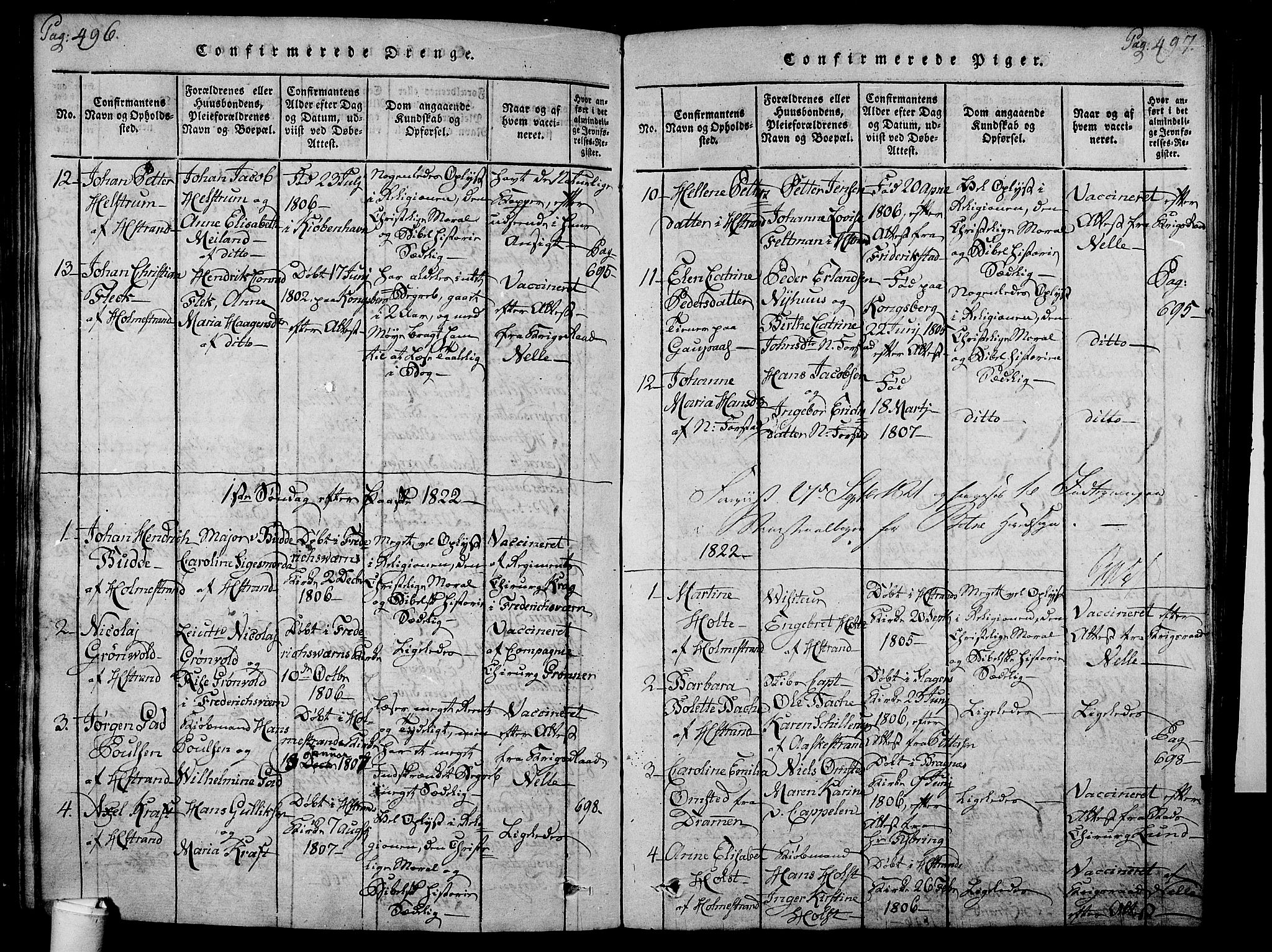 Holmestrand kirkebøker, AV/SAKO-A-346/F/Fa/L0001: Parish register (official) no. 1, 1814-1840, p. 496-497