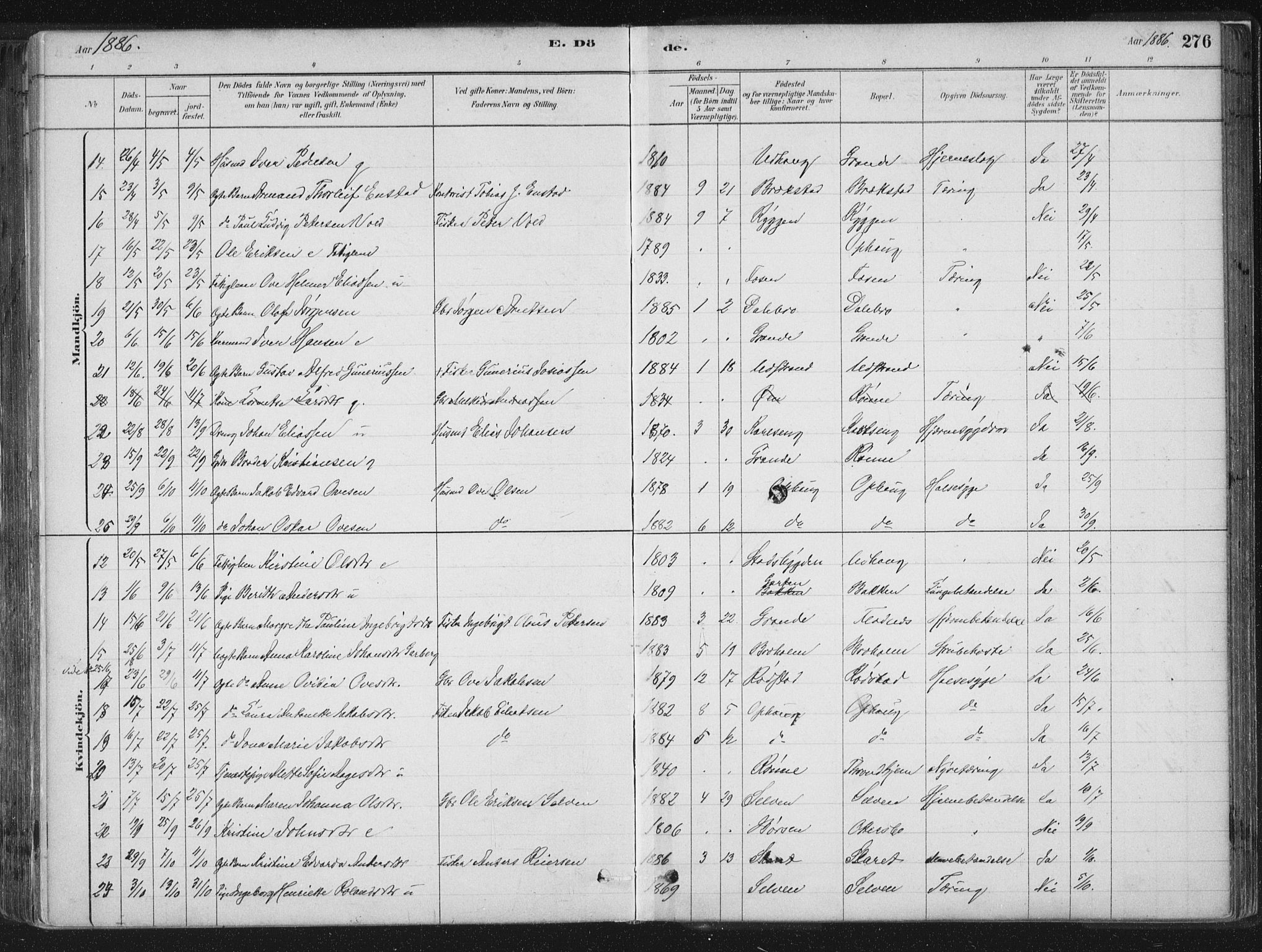 Ministerialprotokoller, klokkerbøker og fødselsregistre - Sør-Trøndelag, SAT/A-1456/659/L0739: Parish register (official) no. 659A09, 1879-1893, p. 276