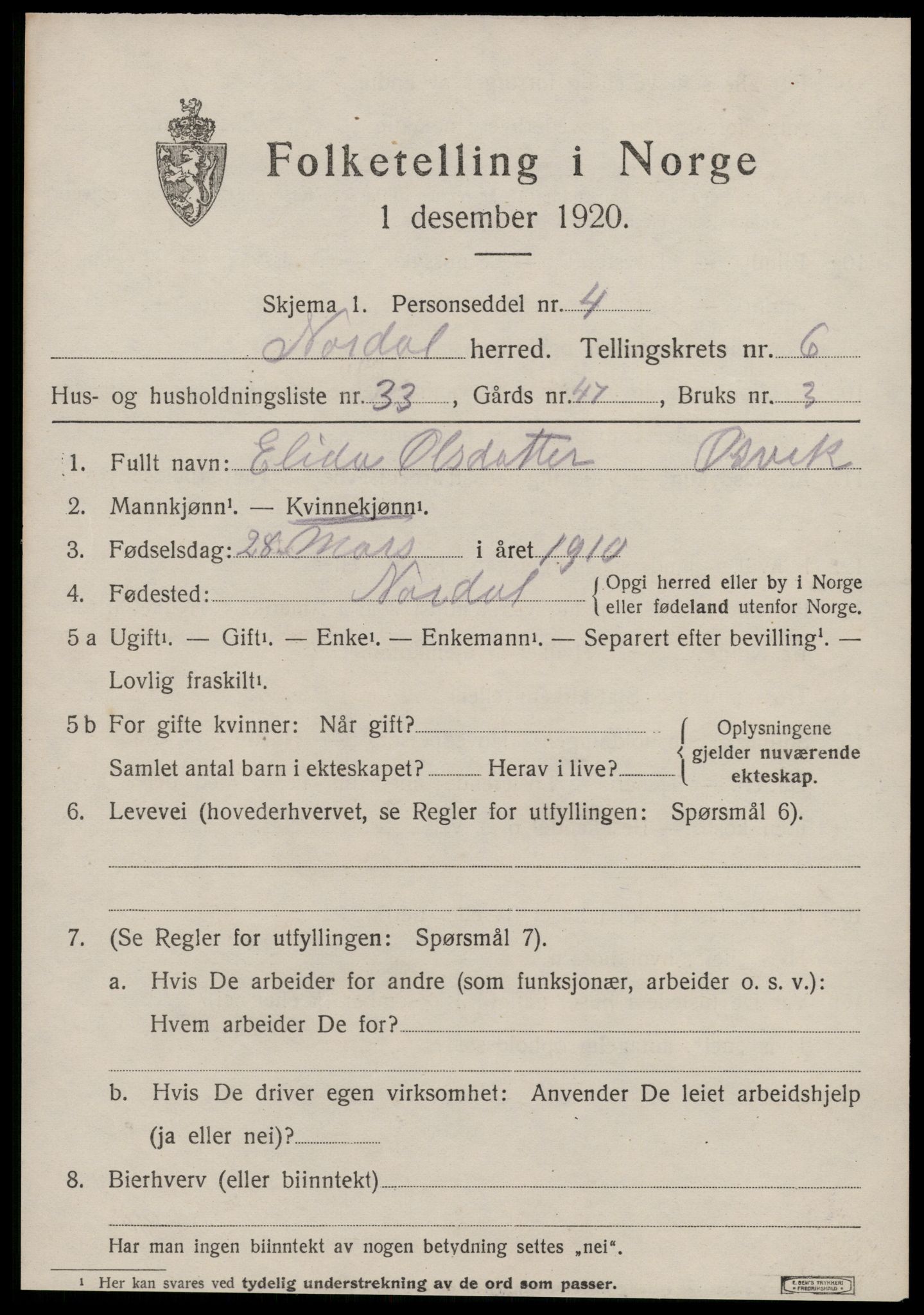 SAT, 1920 census for Norddal, 1920, p. 3351