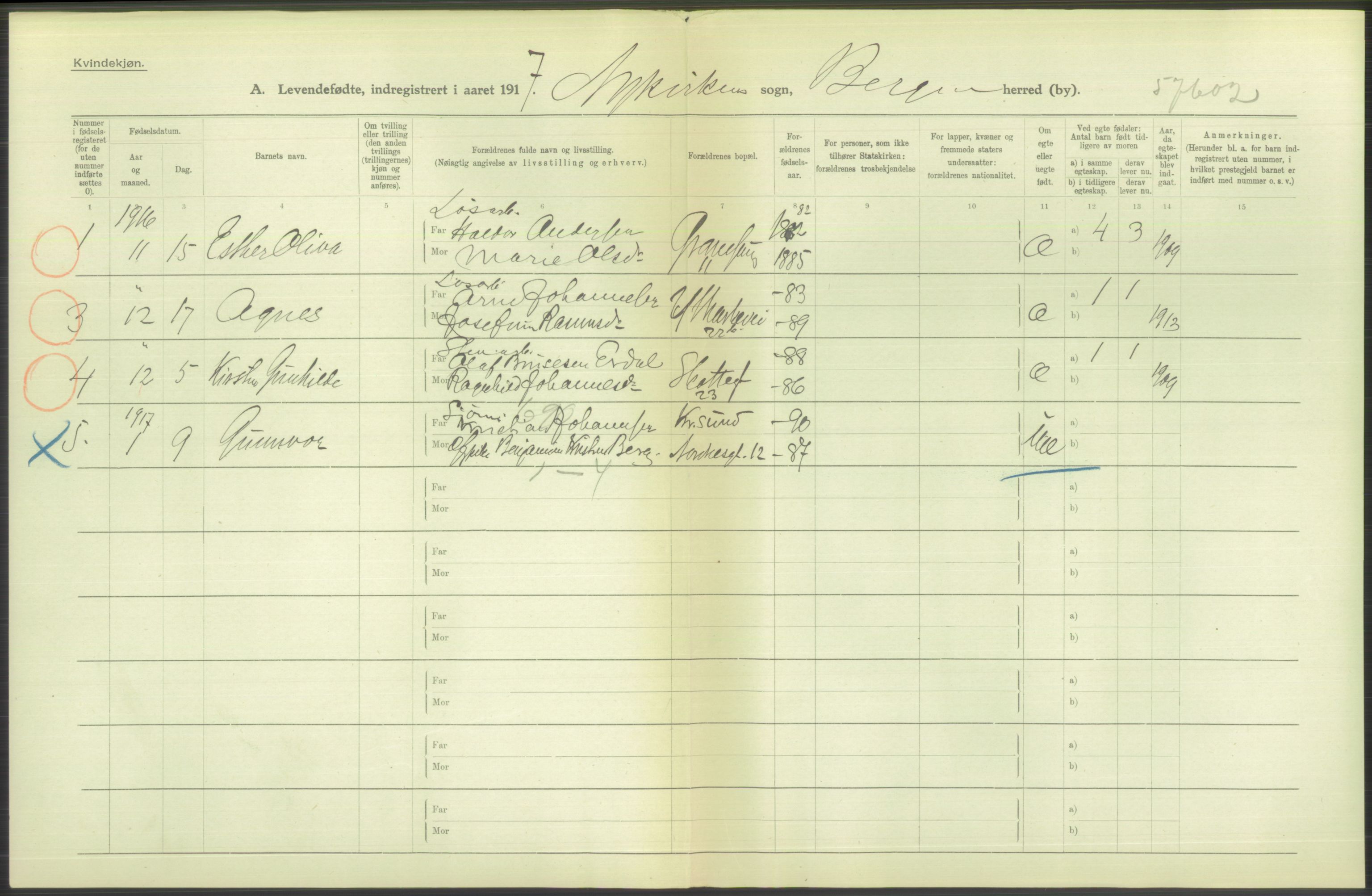 Statistisk sentralbyrå, Sosiodemografiske emner, Befolkning, RA/S-2228/D/Df/Dfb/Dfbg/L0037: Bergen: Levendefødte menn og kvinner., 1917, p. 474