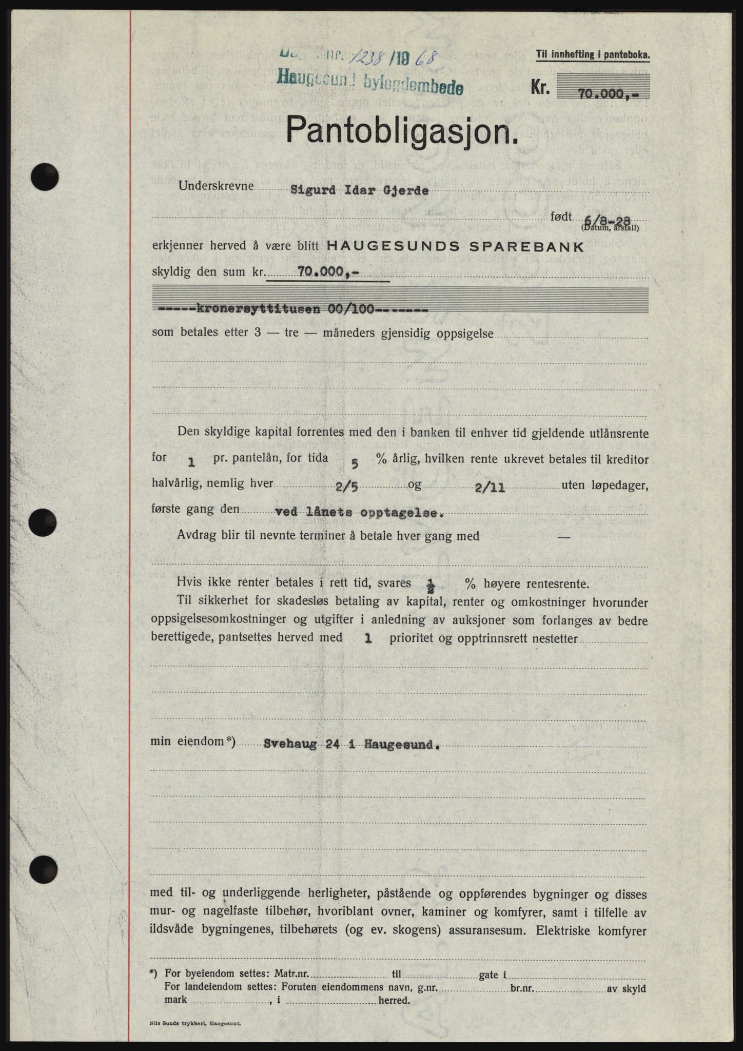 Haugesund tingrett, SAST/A-101415/01/II/IIC/L0058: Mortgage book no. B 58, 1967-1968, Diary no: : 1238/1968