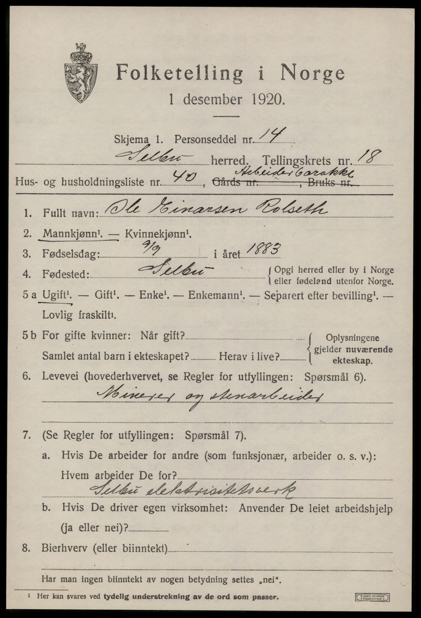 SAT, 1920 census for Selbu, 1920, p. 9868