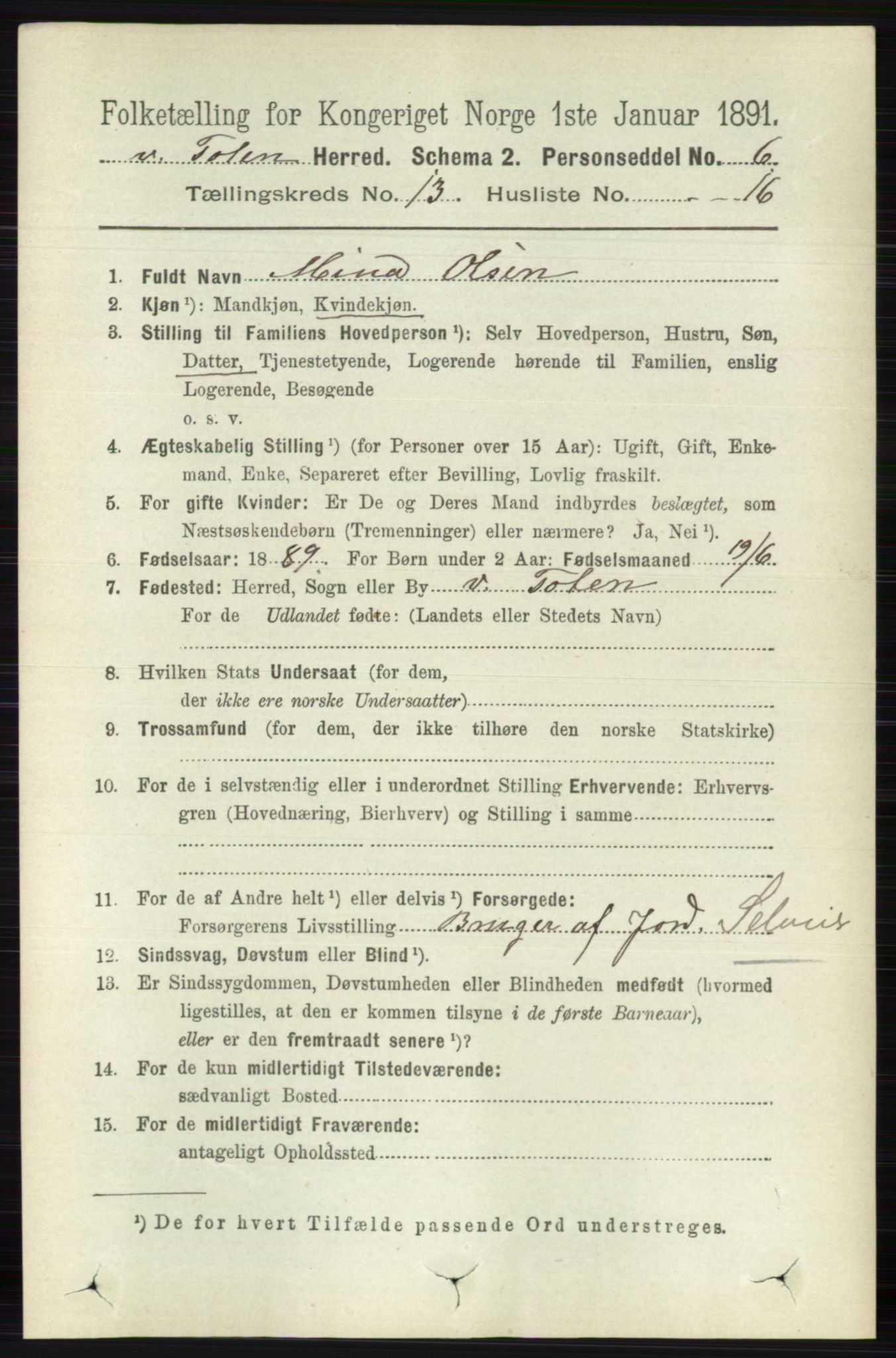 RA, 1891 census for 0529 Vestre Toten, 1891, p. 7888