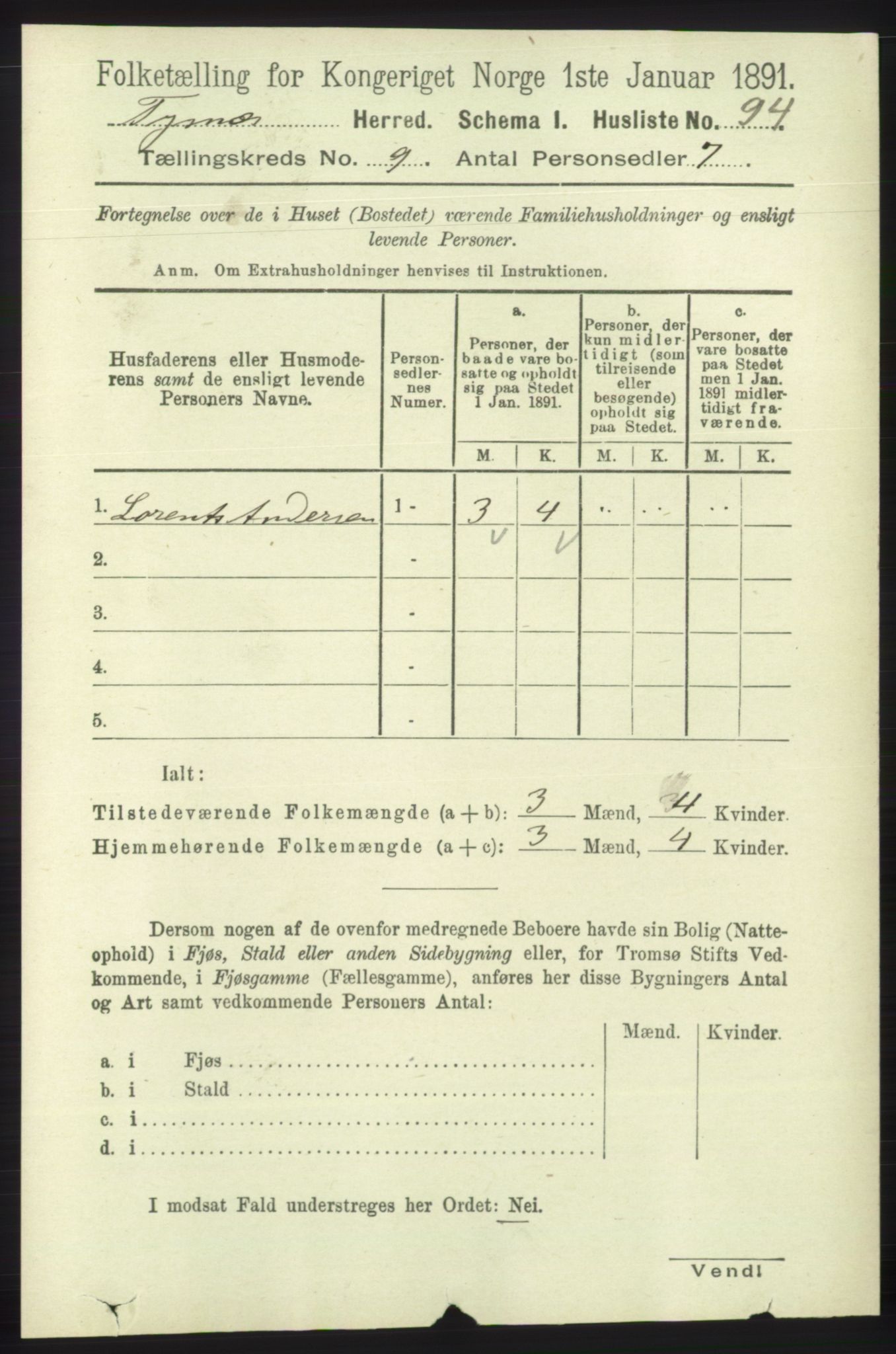 RA, 1891 census for 1223 Tysnes, 1891, p. 4233