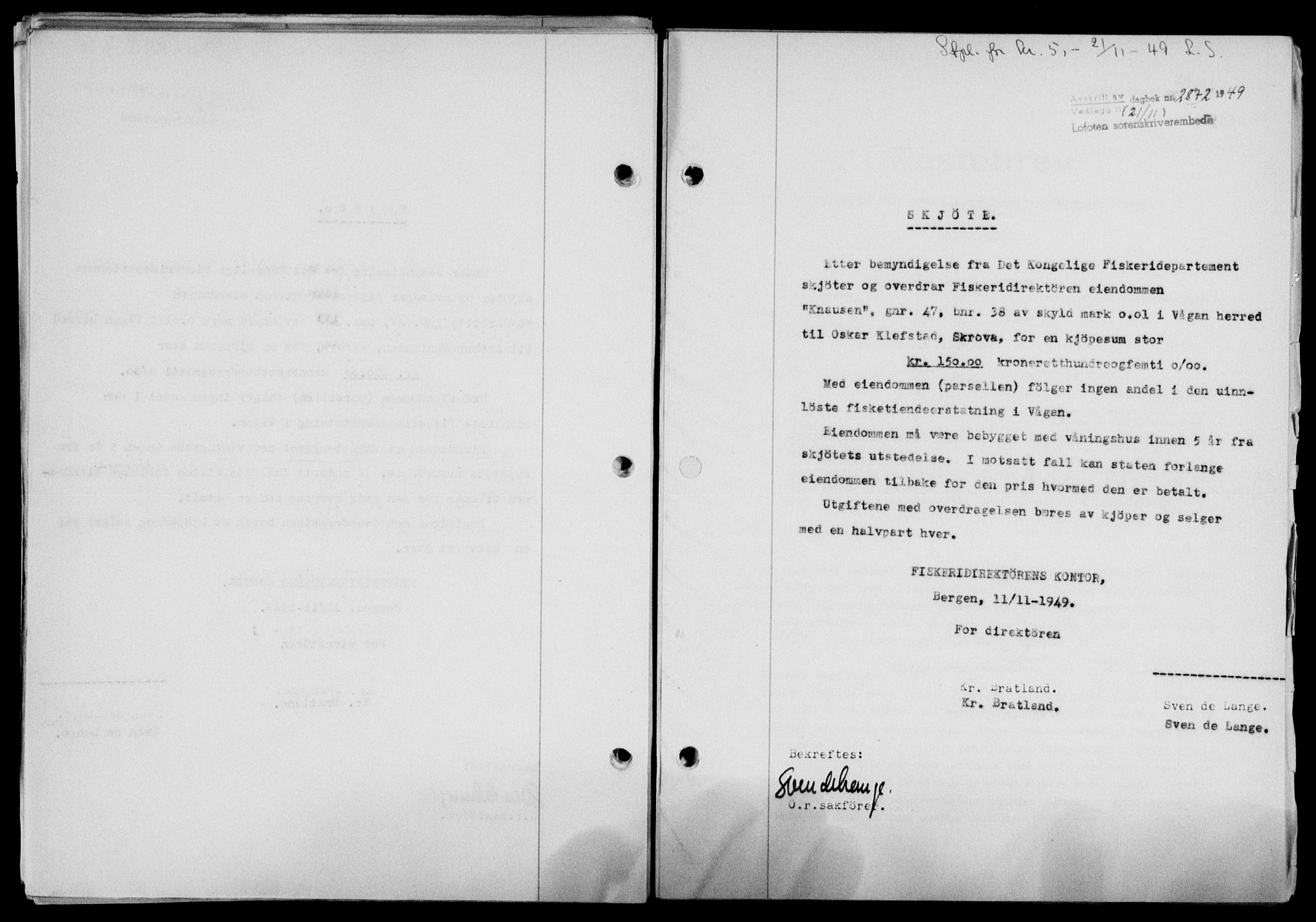 Lofoten sorenskriveri, SAT/A-0017/1/2/2C/L0022a: Mortgage book no. 22a, 1949-1950, Diary no: : 2872/1949
