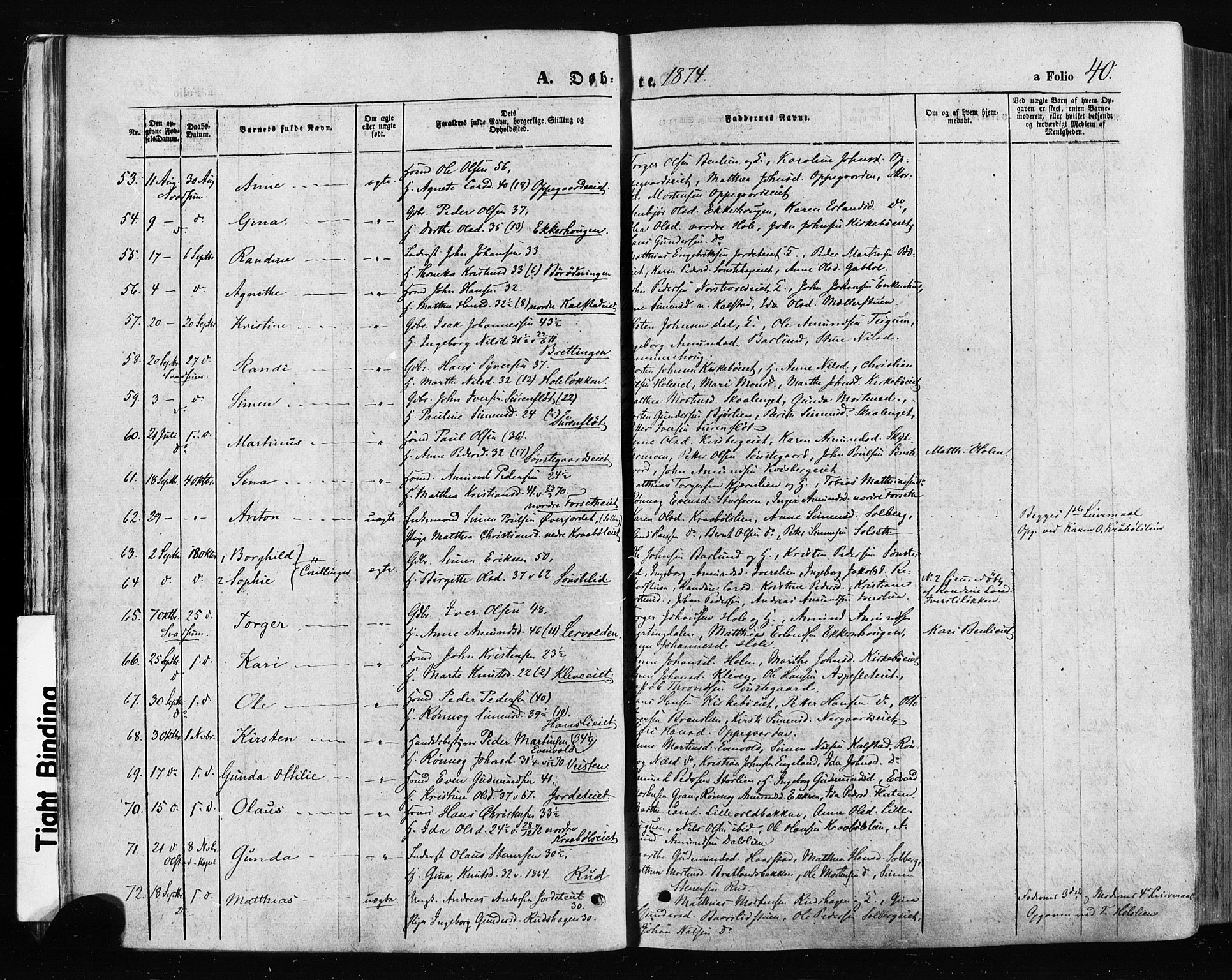 Gausdal prestekontor, SAH/PREST-090/H/Ha/Haa/L0010: Parish register (official) no. 10, 1867-1886, p. 40