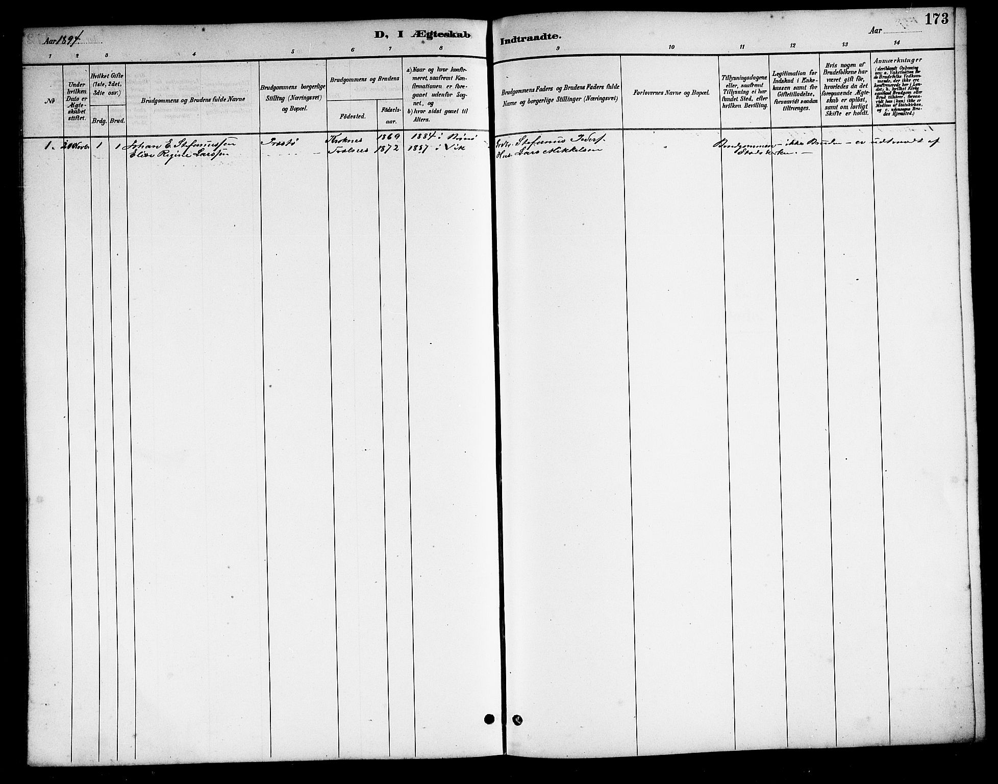 Ministerialprotokoller, klokkerbøker og fødselsregistre - Nordland, SAT/A-1459/813/L0213: Parish register (copy) no. 813C05, 1887-1903, p. 173