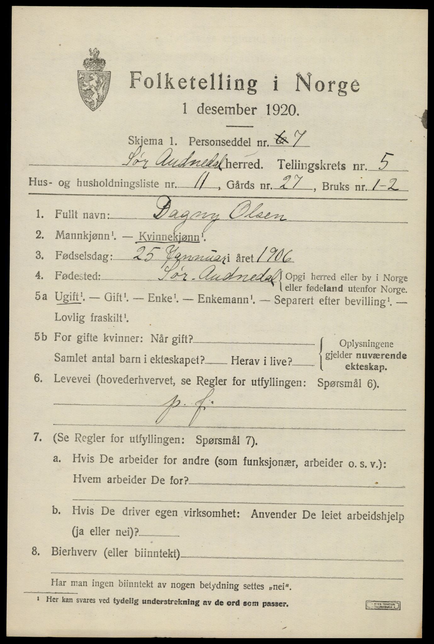 SAK, 1920 census for Sør-Audnedal, 1920, p. 2609