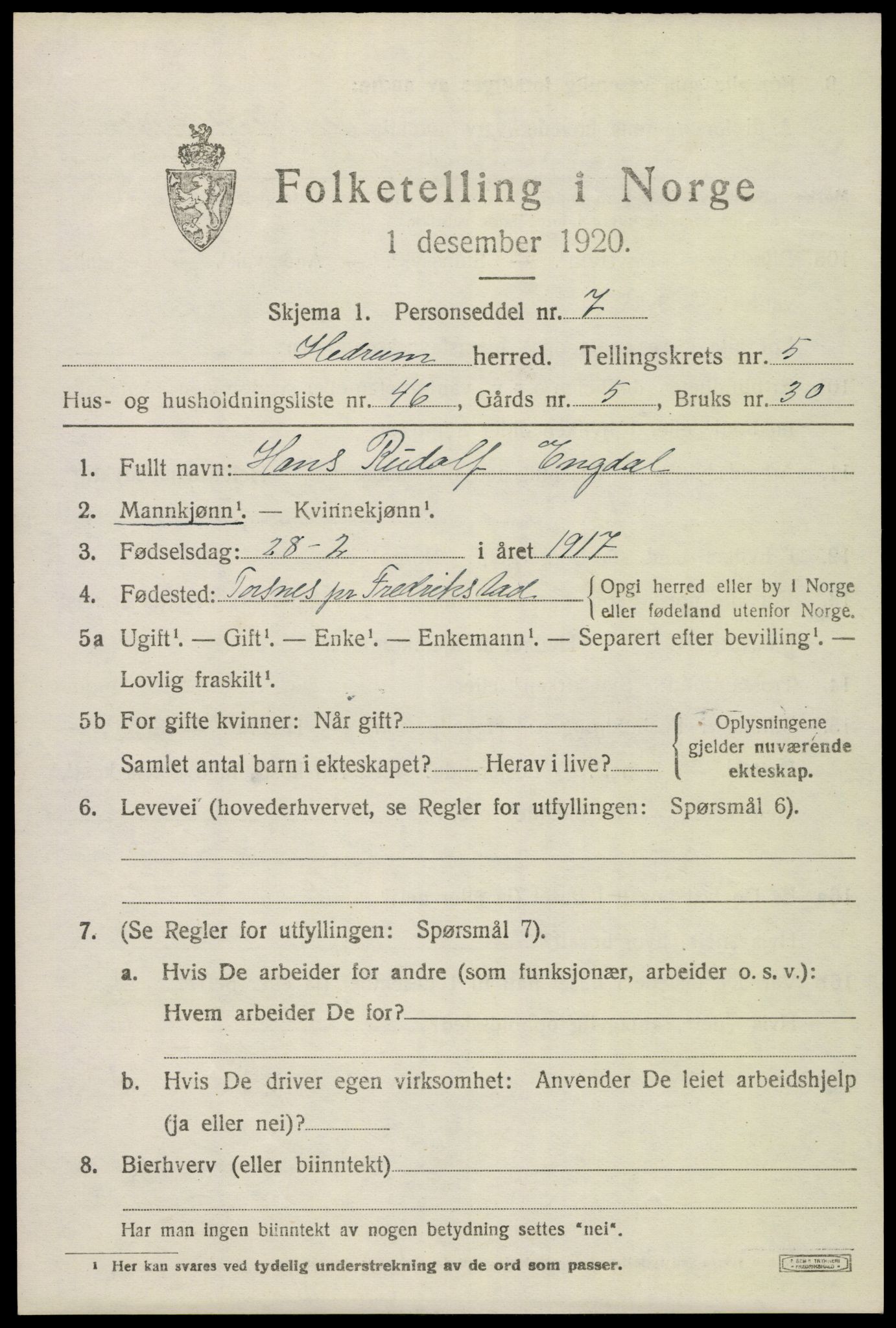 SAKO, 1920 census for Hedrum, 1920, p. 5401
