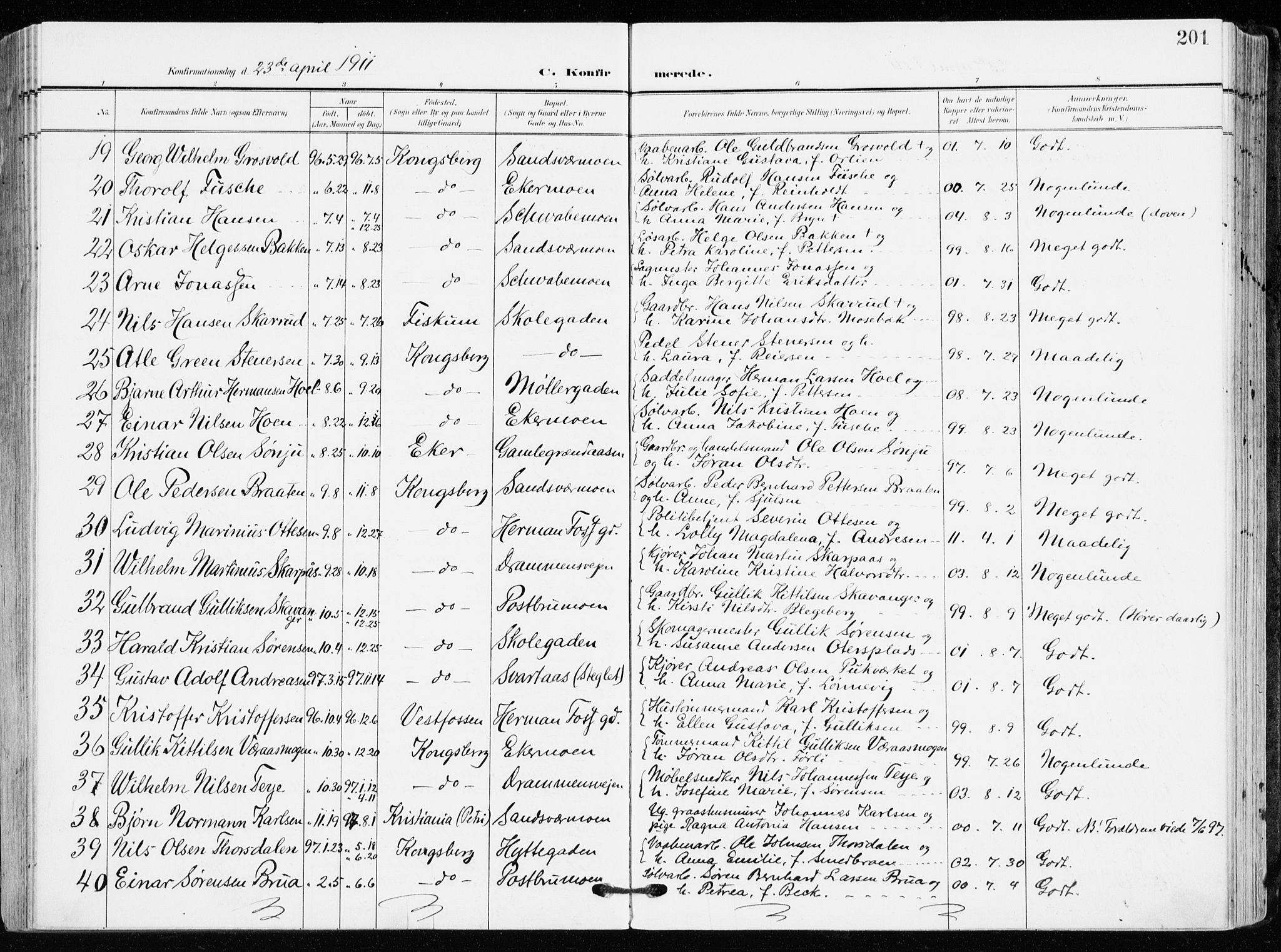 Kongsberg kirkebøker, AV/SAKO-A-22/F/Fb/L0004: Parish register (official) no. II 4, 1906-1918, p. 201