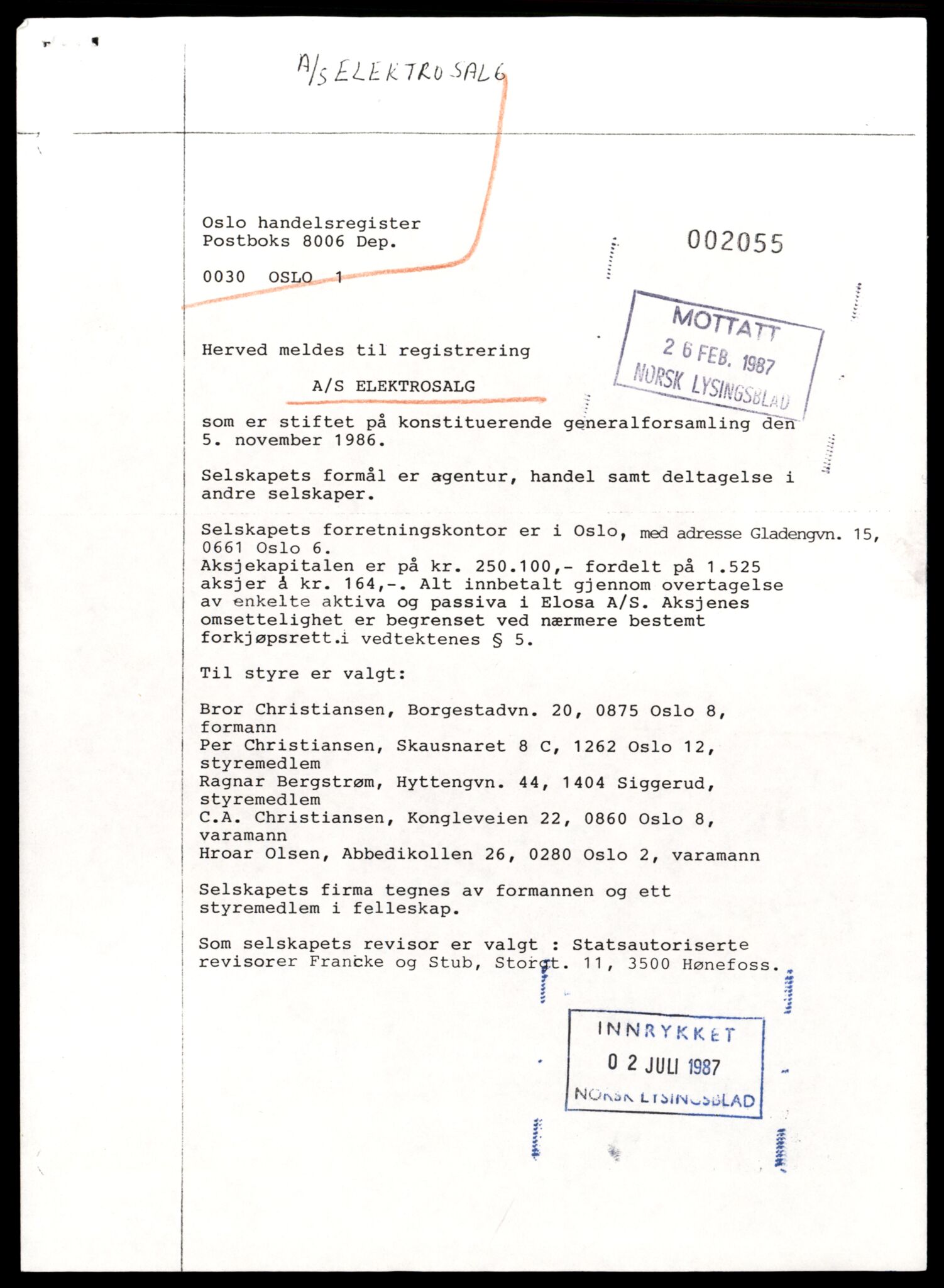 Oslo byfogd, Handelsregisteret, SAT/A-10867/G/Gc/Gca/L0201: Ikke konverterte foretak, Elektro S-Eline, 1890-1990, p. 5