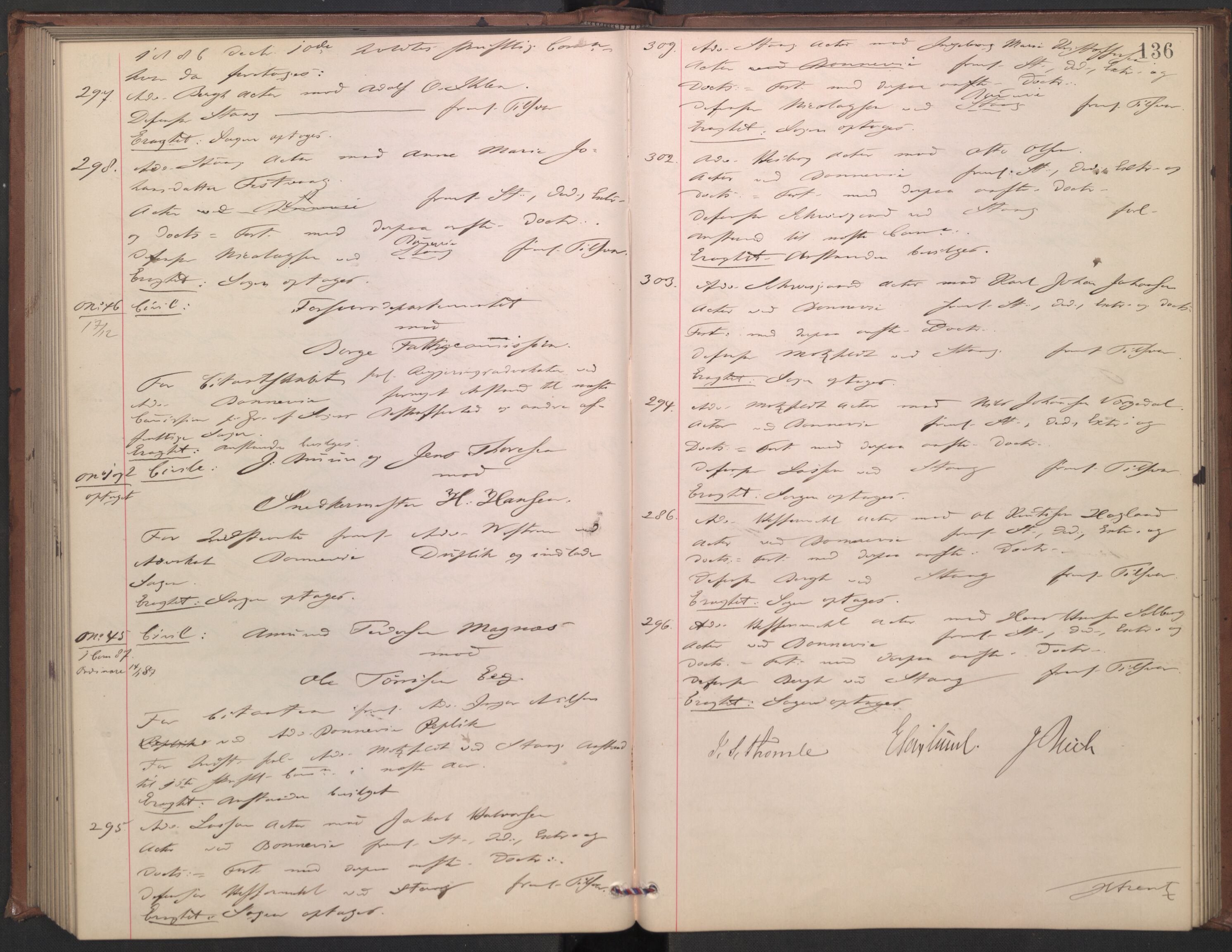 Høyesterett, AV/RA-S-1002/E/Ef/L0015: Protokoll over saker som gikk til skriftlig behandling, 1884-1888, p. 135b-136a