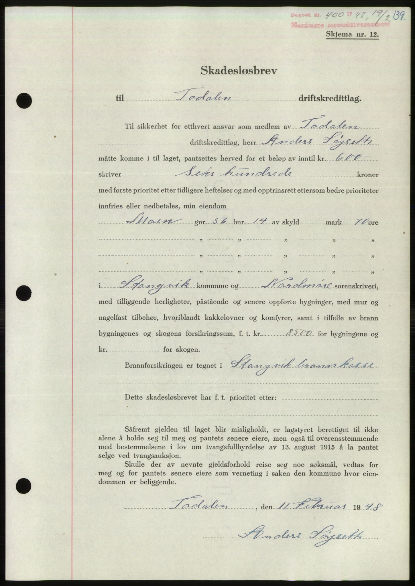 Nordmøre sorenskriveri, AV/SAT-A-4132/1/2/2Ca: Mortgage book no. B98, 1948-1948, Diary no: : 400/1948