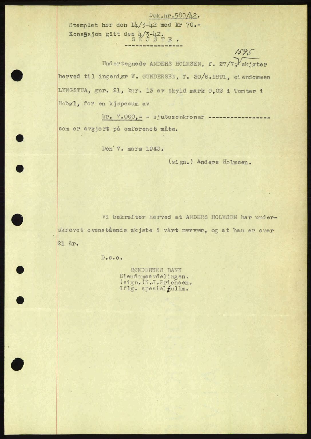 Moss sorenskriveri, SAO/A-10168: Mortgage book no. A9, 1941-1942, Diary no: : 580/1942