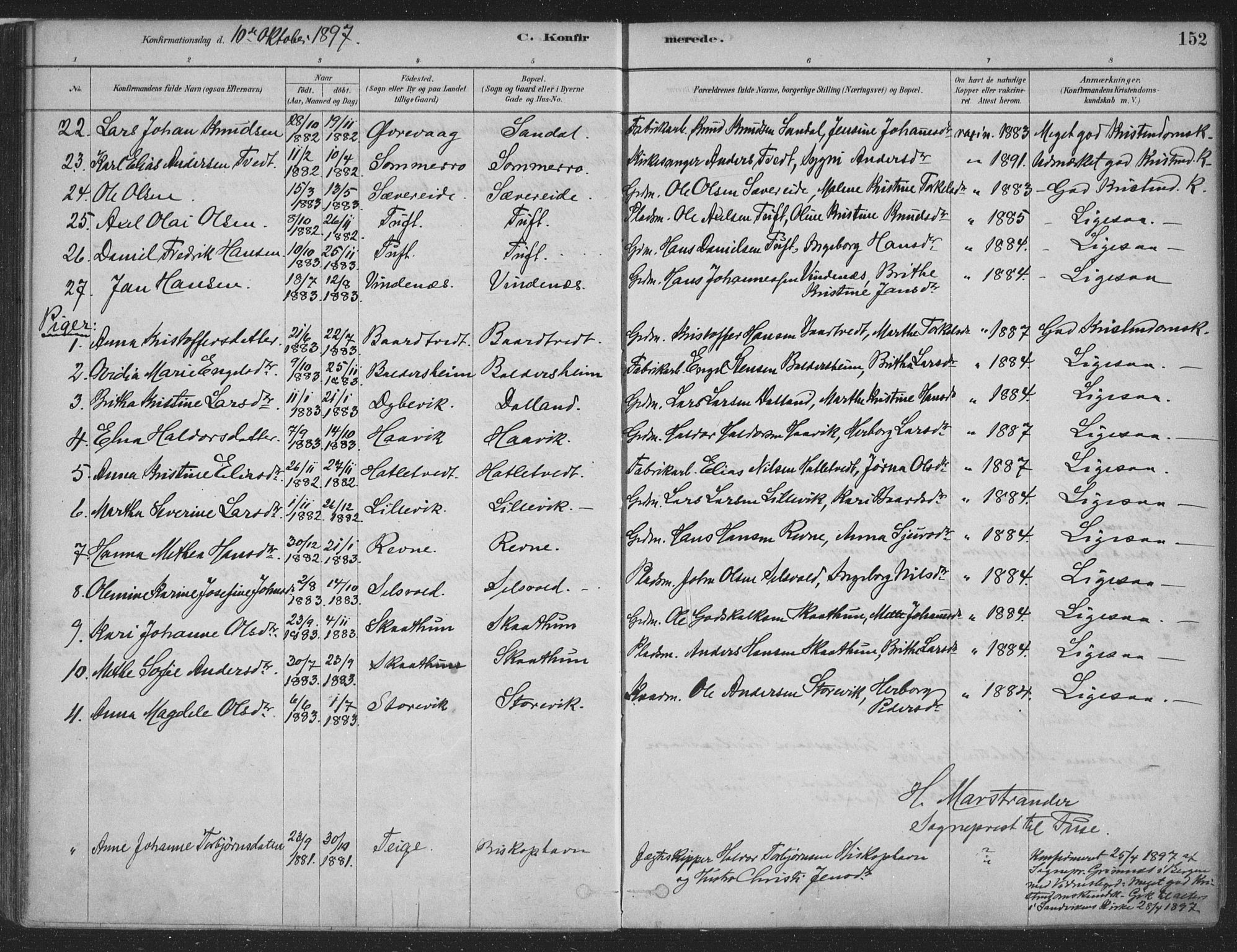 Fusa sokneprestembete, SAB/A-75401/H/Haa: Parish register (official) no. D 1, 1880-1938, p. 152