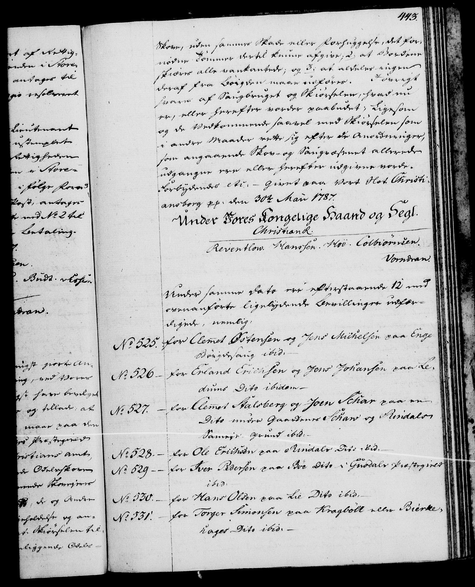 Rentekammeret, Kammerkanselliet, RA/EA-3111/G/Gg/Gga/L0013: Norsk ekspedisjonsprotokoll med register (merket RK 53.13), 1784-1787, p. 443