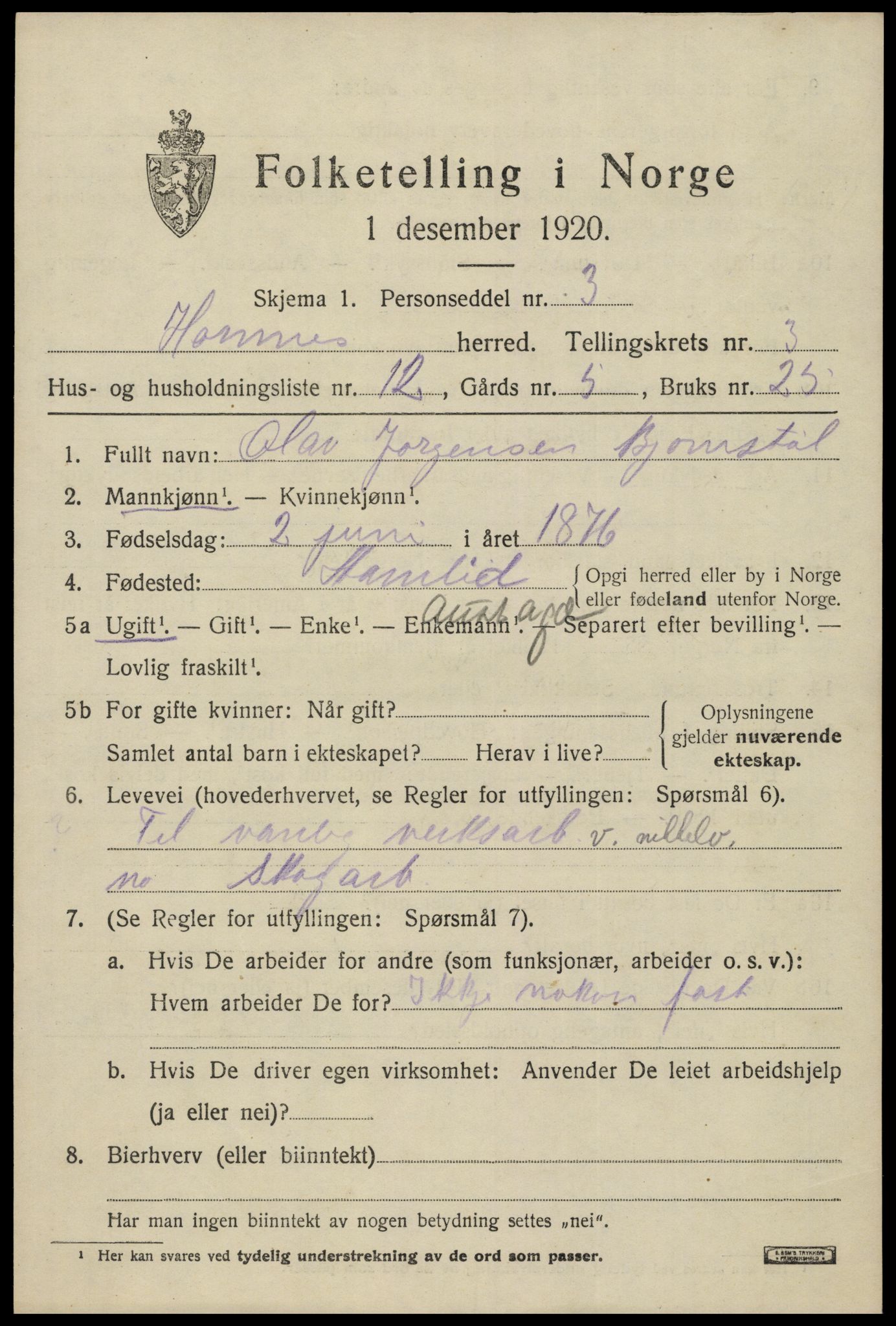 SAK, 1920 census for Hornnes, 1920, p. 933