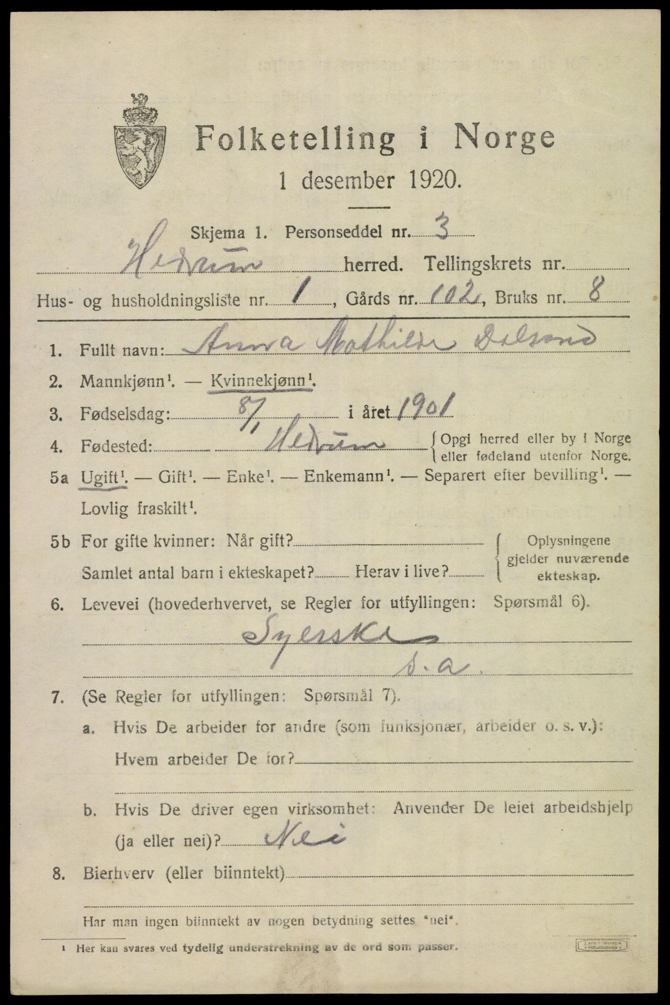 SAKO, 1920 census for Hedrum, 1920, p. 9887