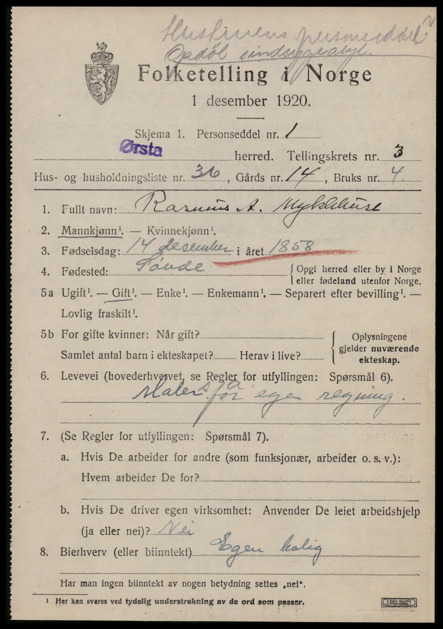 SAT, 1920 census for Ørsta, 1920, p. 3080