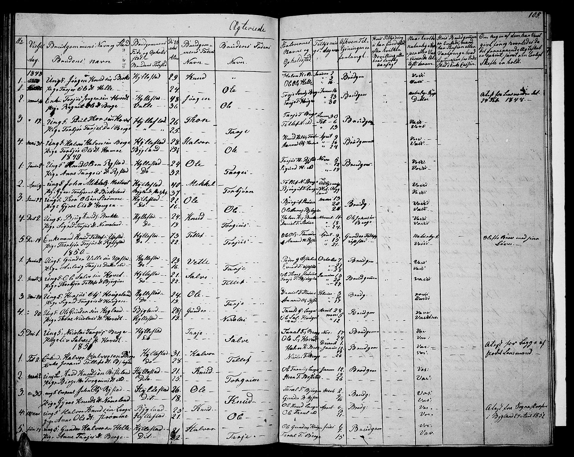 Valle sokneprestkontor, SAK/1111-0044/F/Fb/Fbb/L0001: Parish register (copy) no. B 1, 1848-1875, p. 105