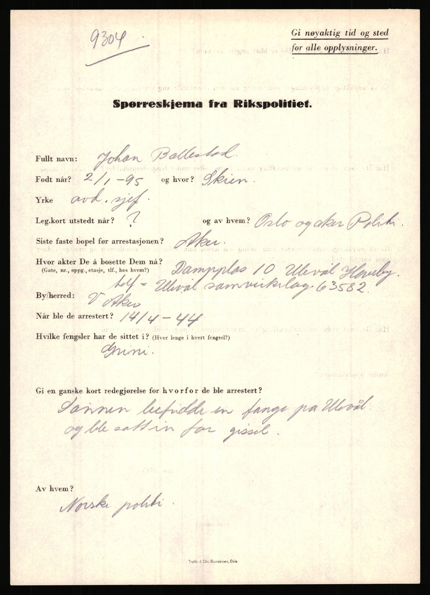 Rikspolitisjefen, AV/RA-S-1560/L/L0001: Abelseth, Rudolf - Berentsen, Odd, 1940-1945, p. 1205