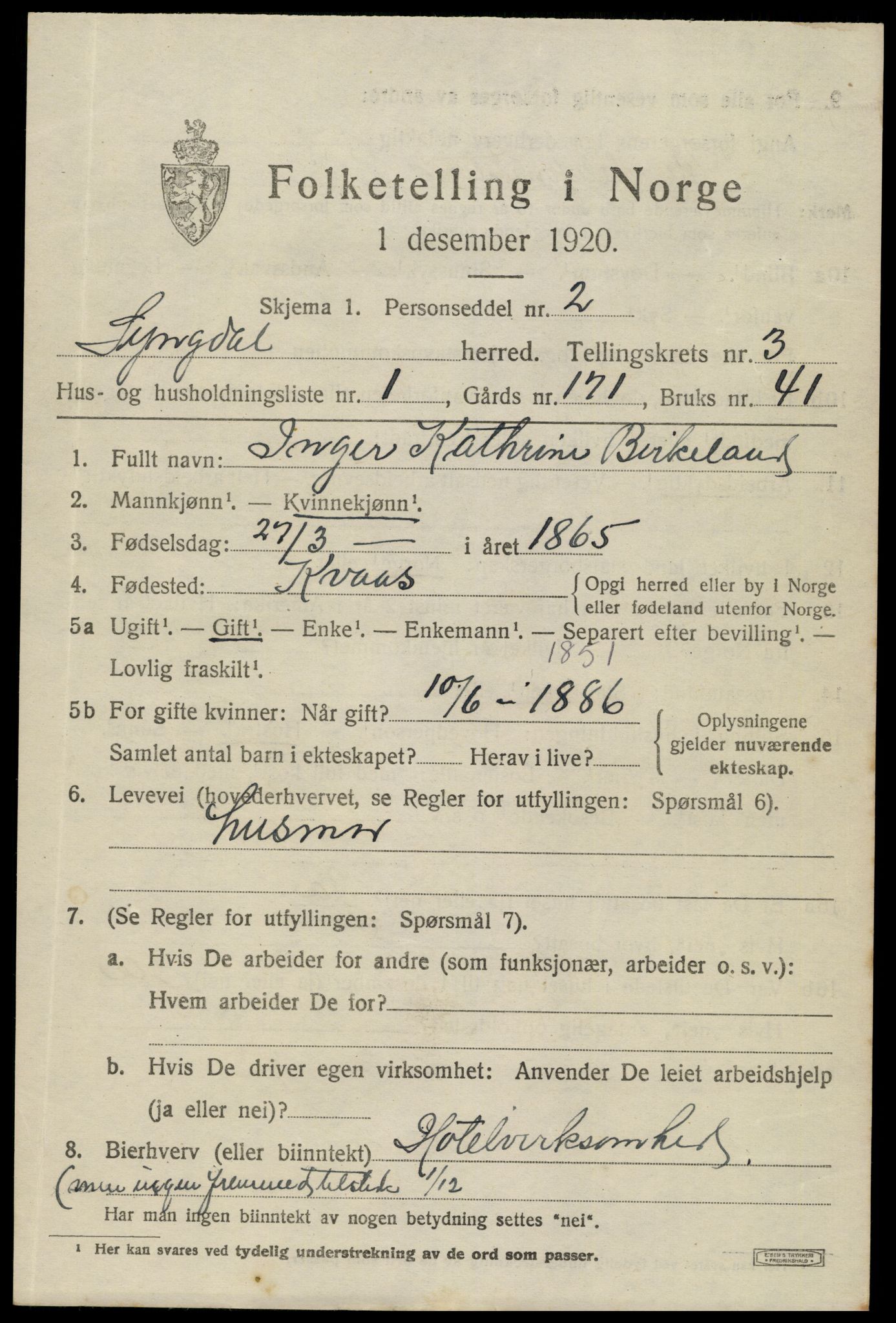 SAK, 1920 census for Lyngdal, 1920, p. 1917