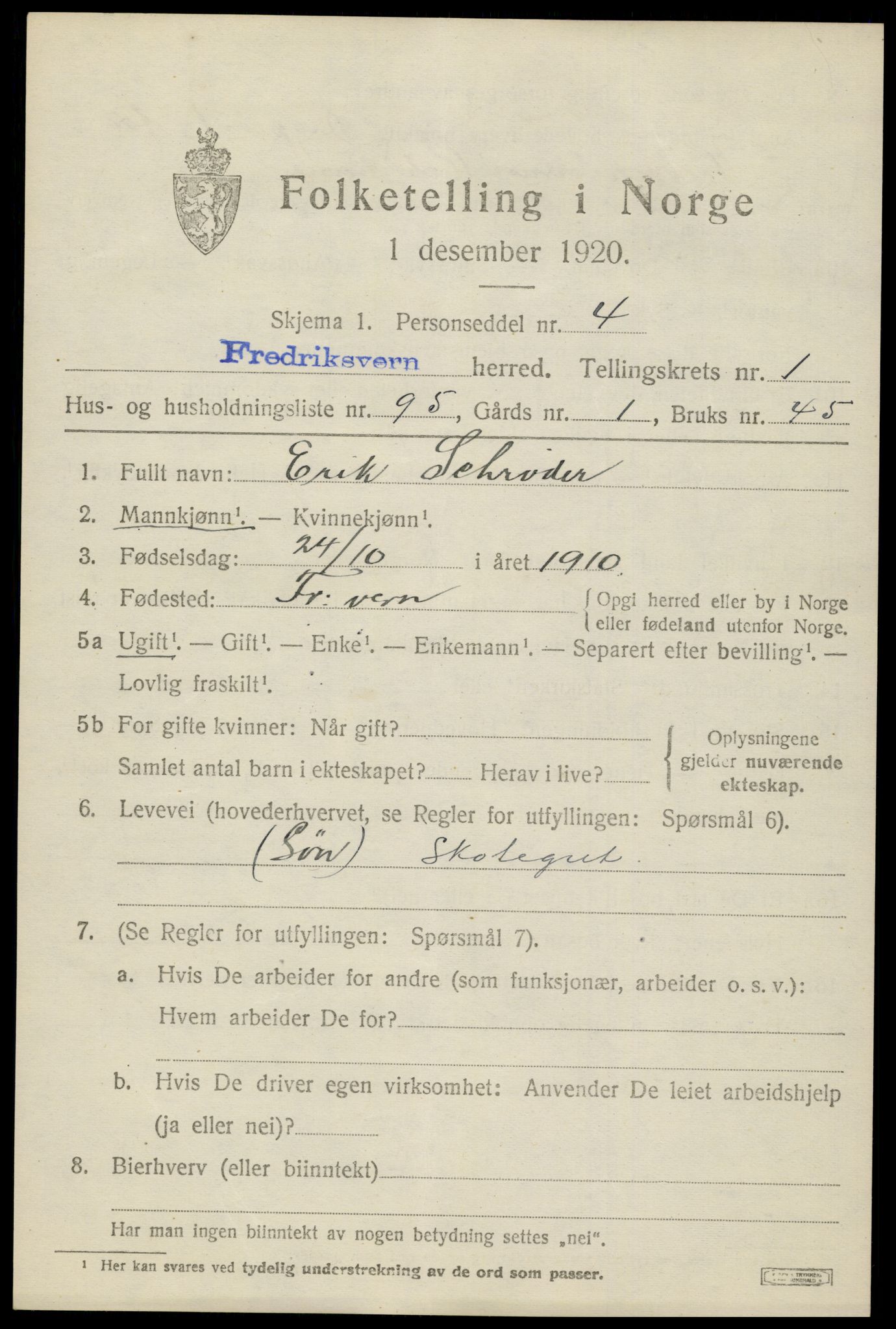 SAKO, 1920 census for Fredriksvern, 1920, p. 991