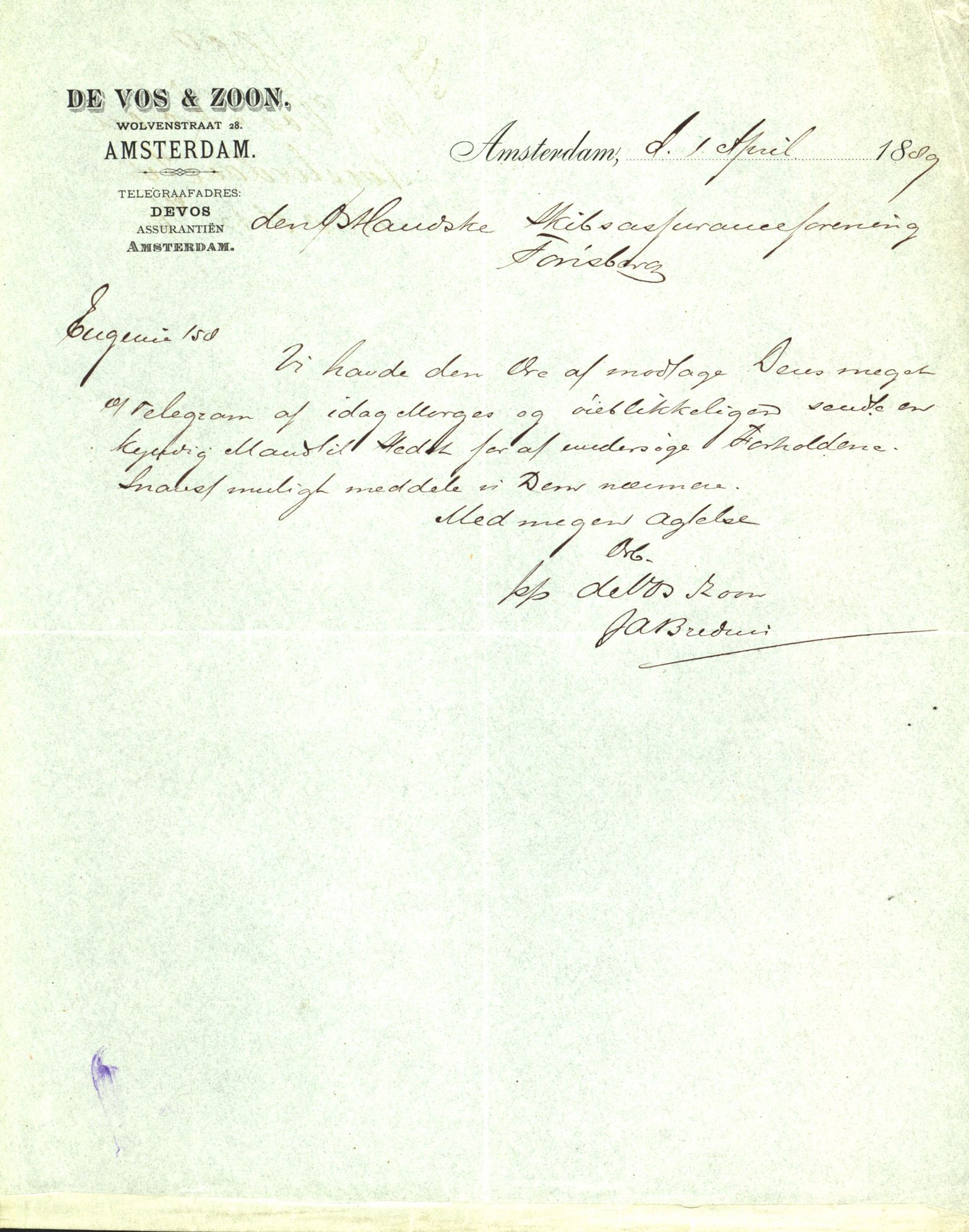 Pa 63 - Østlandske skibsassuranceforening, VEMU/A-1079/G/Ga/L0023/0007: Havaridokumenter / Eugenie, Askur, Præsident Harbitz, Professor Johnson, Professor Mohn, 1889, p. 2