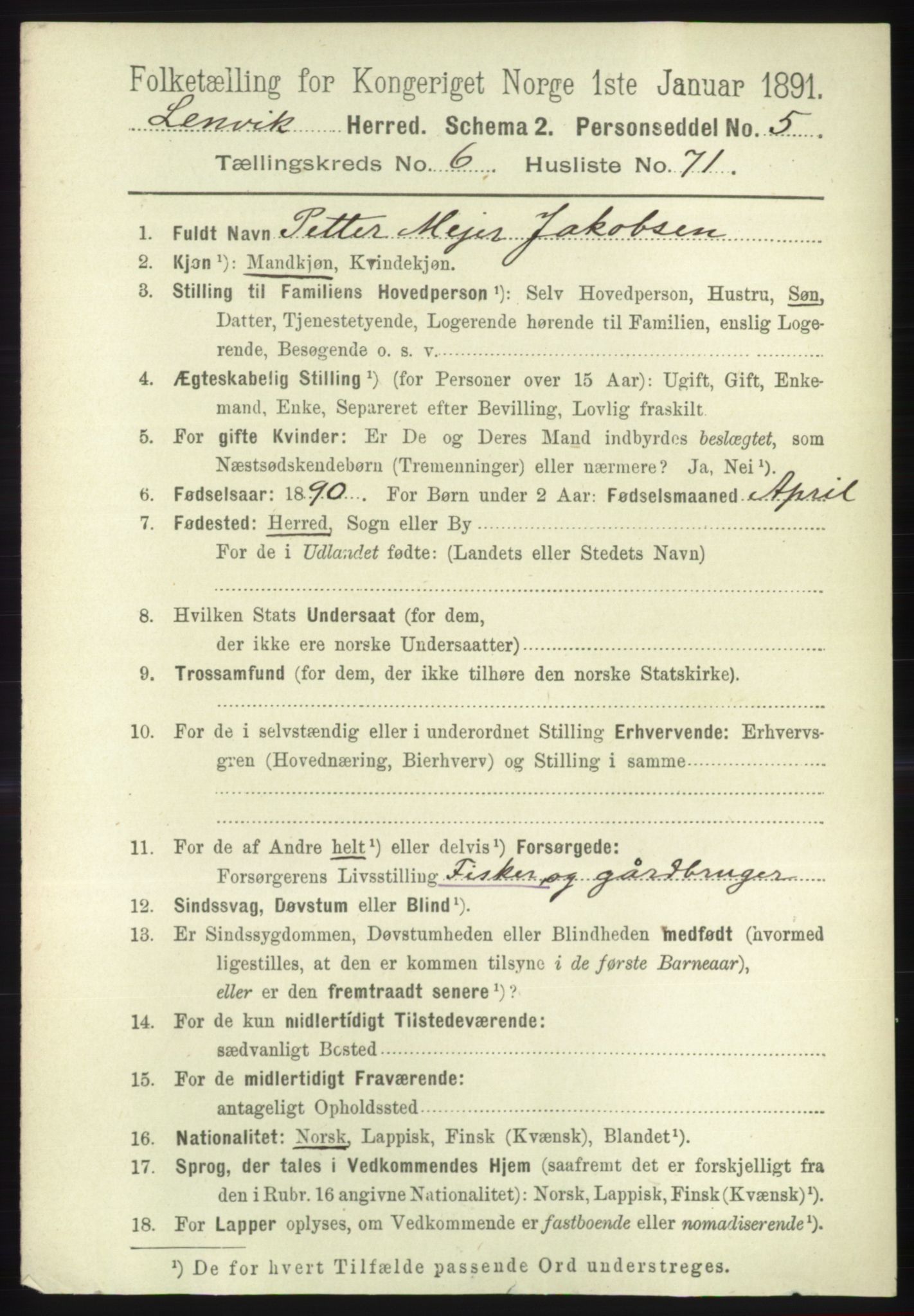 RA, 1891 census for 1931 Lenvik, 1891, p. 3696