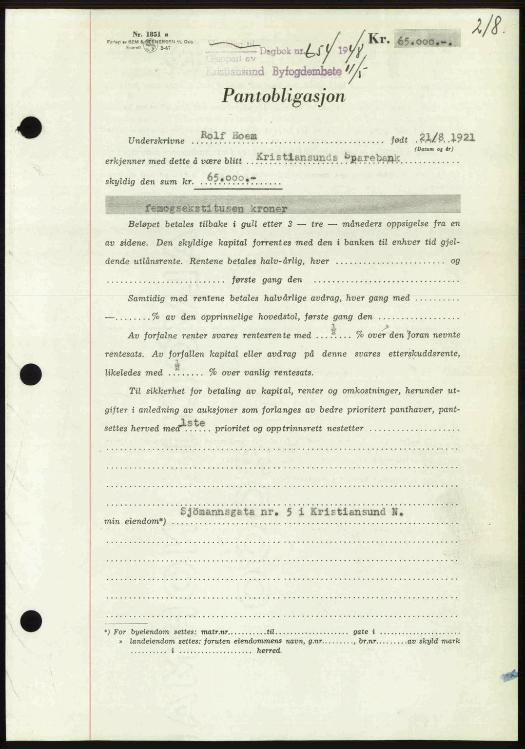 Kristiansund byfogd, AV/SAT-A-4587/A/27: Mortgage book no. 44, 1947-1948, Diary no: : 654/1948