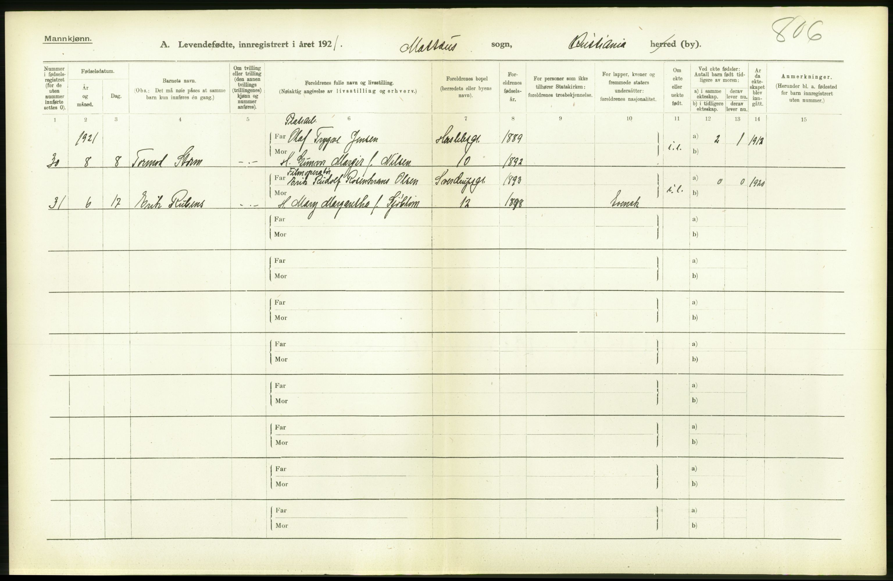 Statistisk sentralbyrå, Sosiodemografiske emner, Befolkning, AV/RA-S-2228/D/Df/Dfc/Dfca/L0008: Kristiania: Levendefødte menn og kvinner., 1921, p. 138