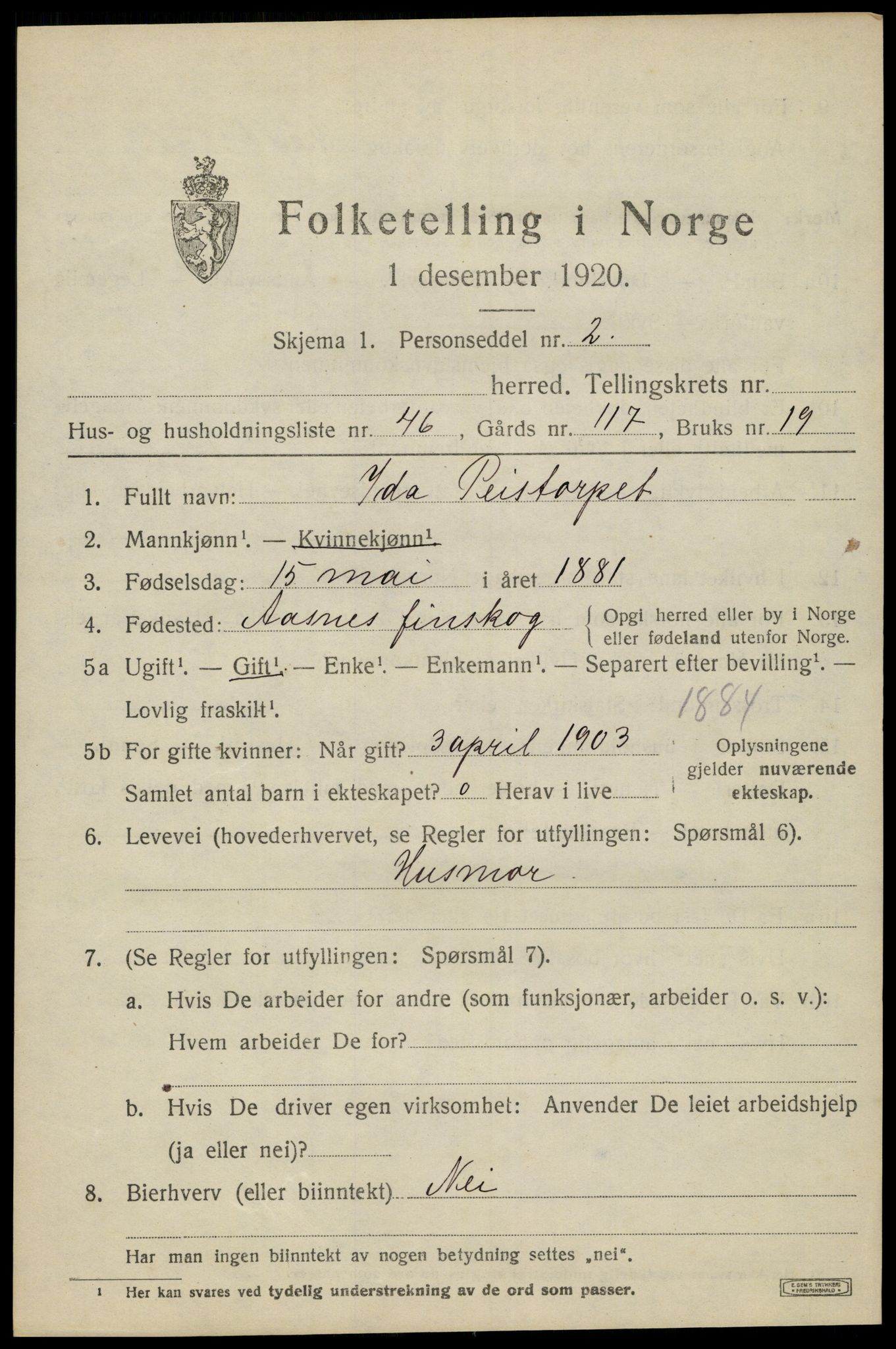 SAH, 1920 census for Åsnes, 1920, p. 3382