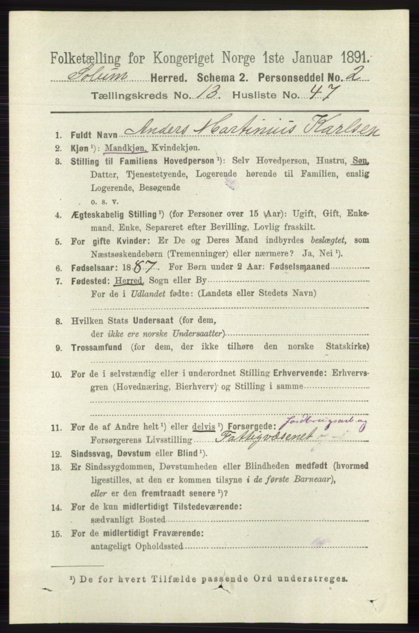 RA, 1891 census for 0818 Solum, 1891, p. 6290