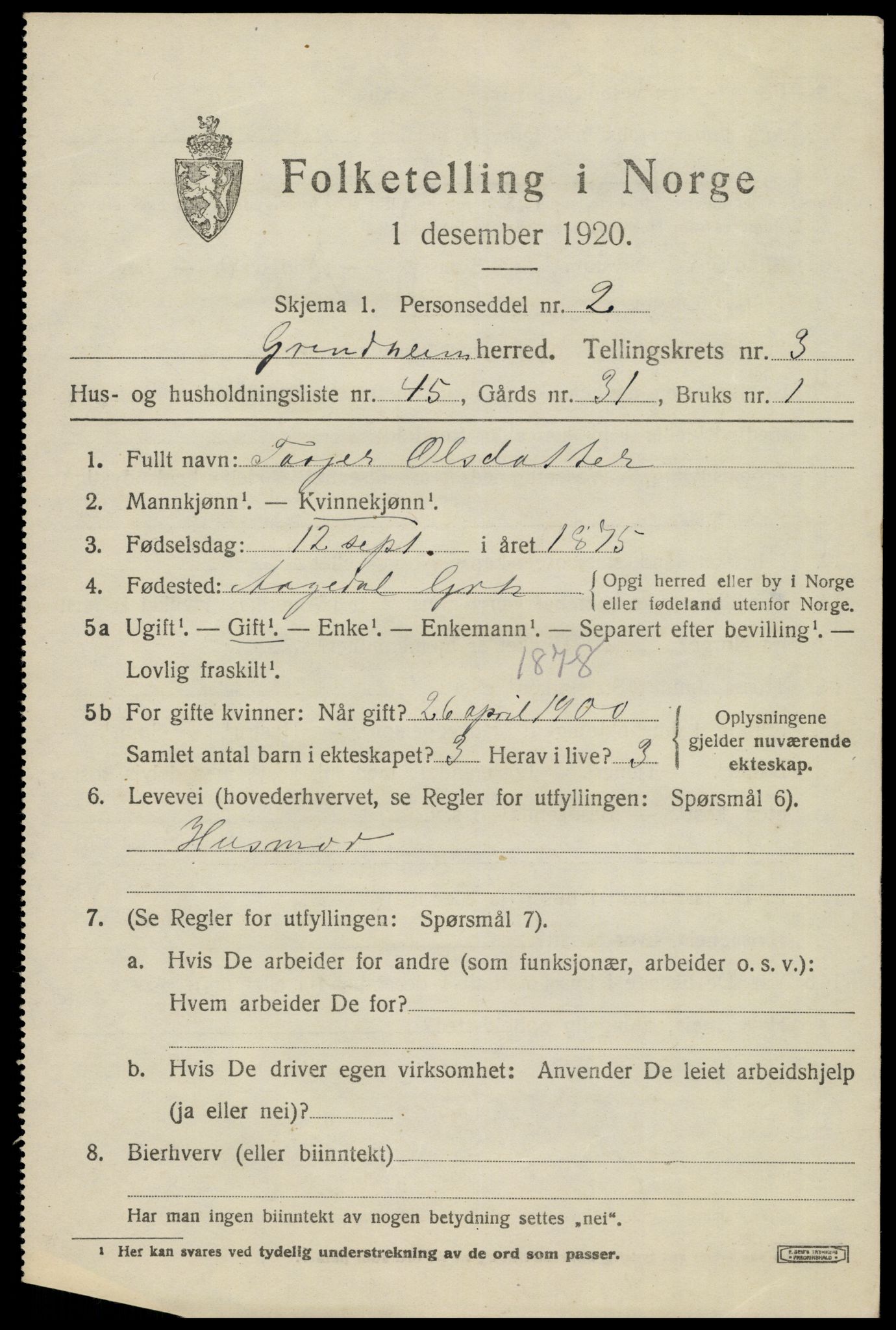 SAK, 1920 census for Grindheim, 1920, p. 1395