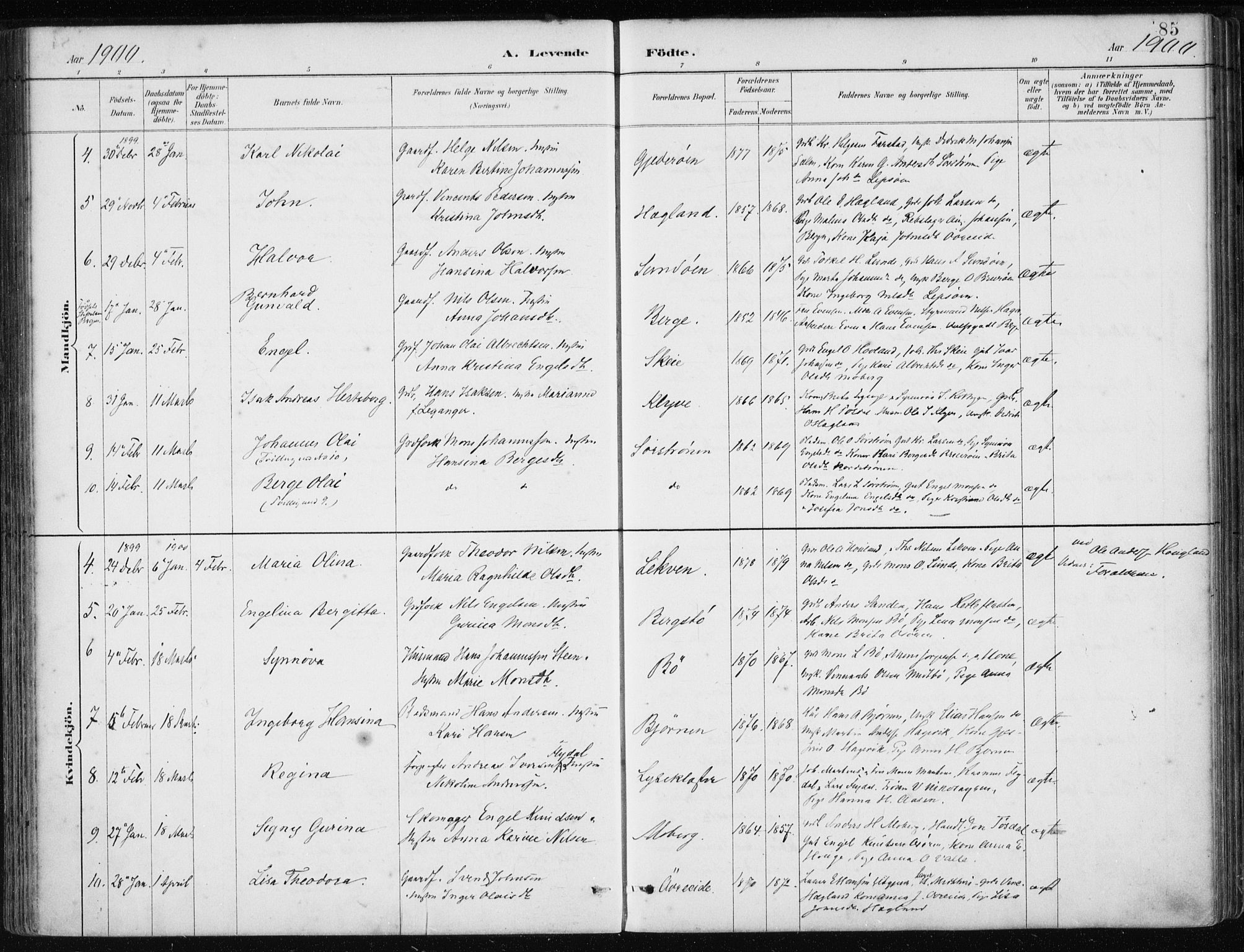 Os sokneprestembete, SAB/A-99929: Parish register (official) no. B 1, 1885-1902, p. 85