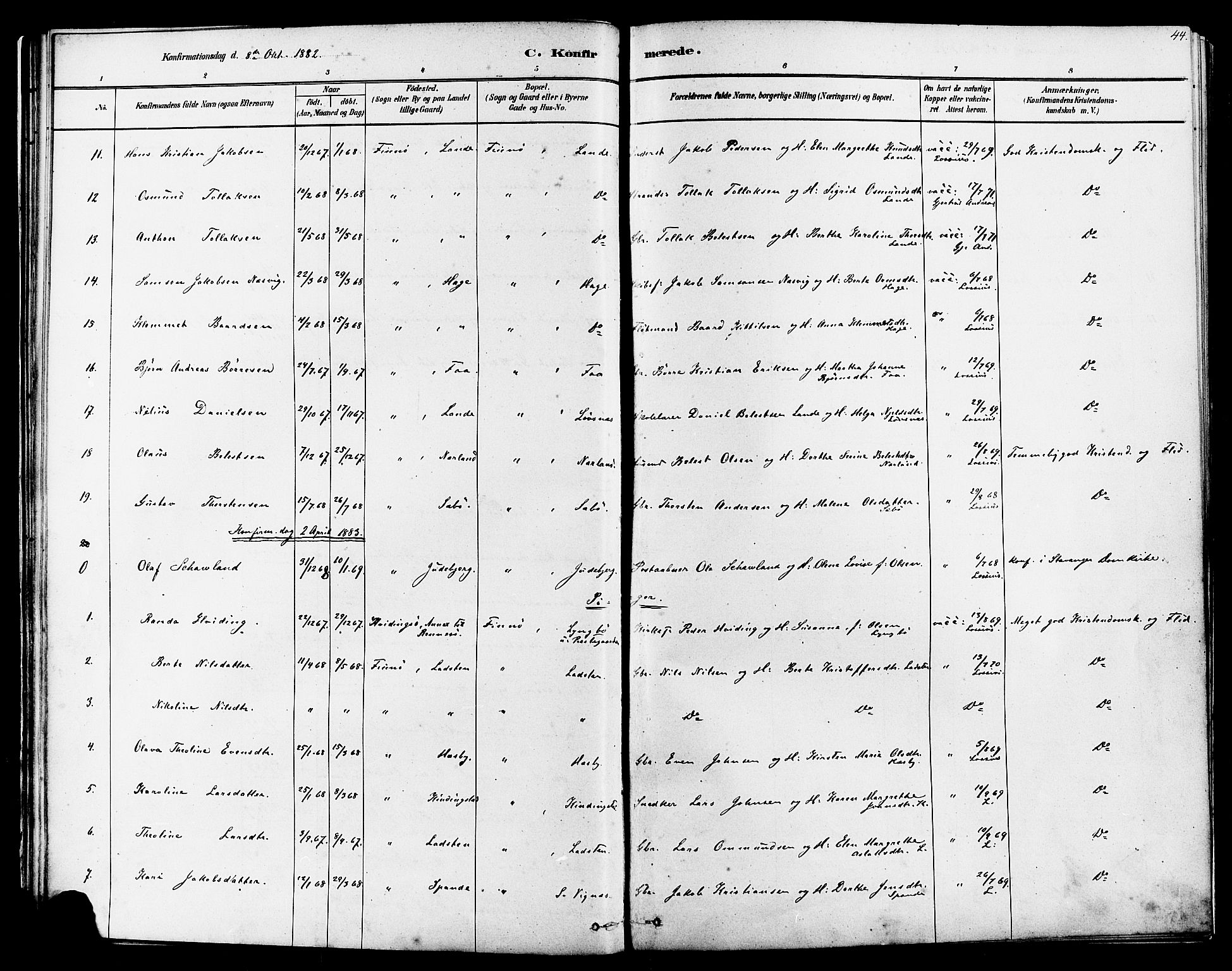 Finnøy sokneprestkontor, AV/SAST-A-101825/H/Ha/Haa/L0010: Parish register (official) no. A 10, 1879-1890, p. 44