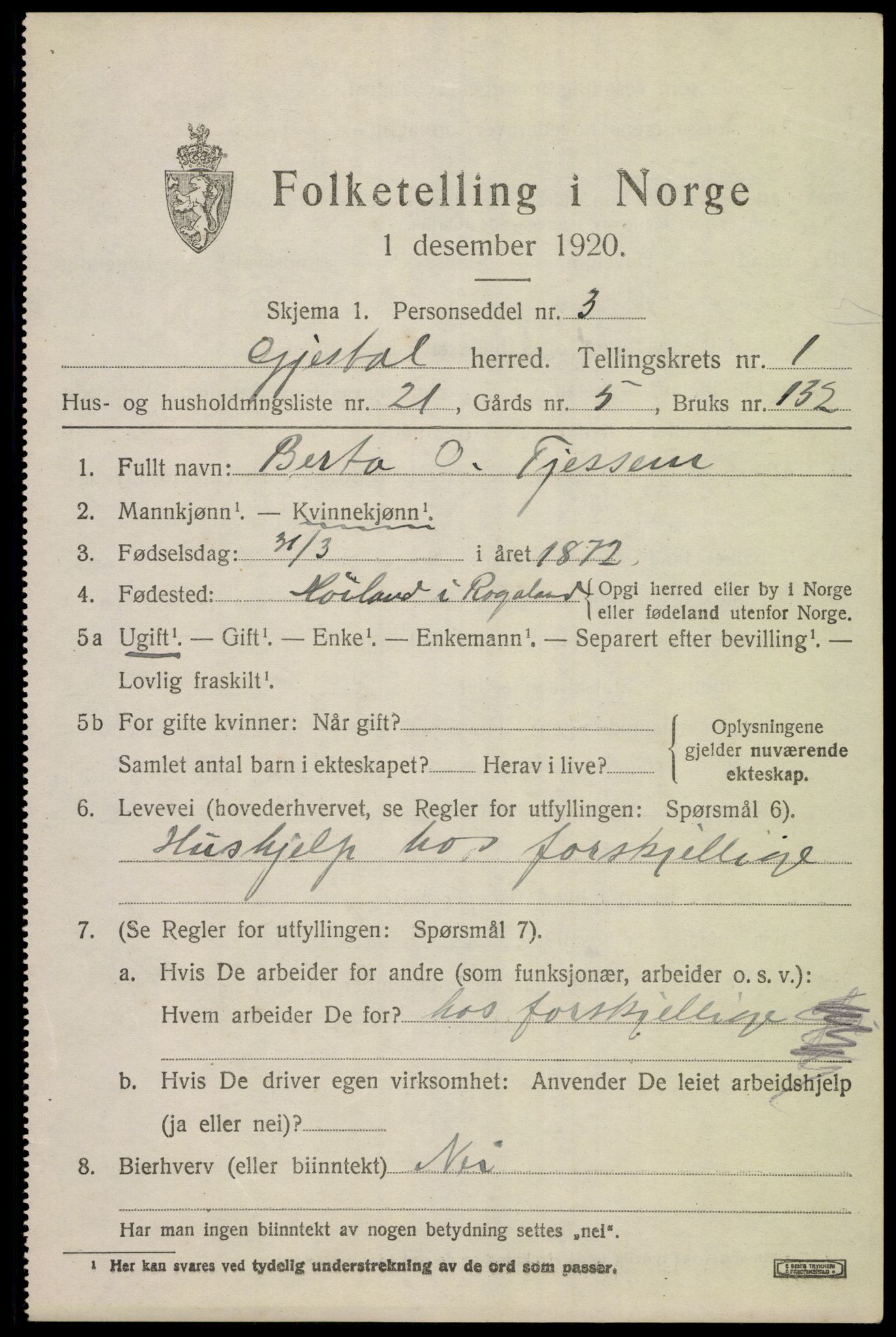 SAST, 1920 census for Gjesdal, 1920, p. 922